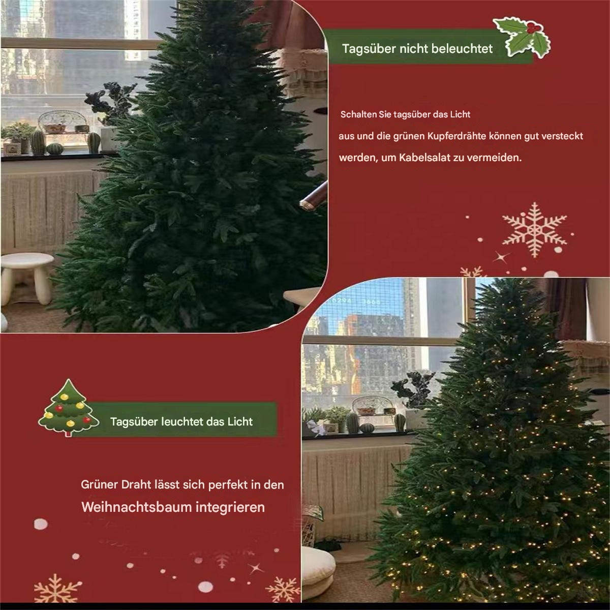 Weihnachtsbaum mit Text zur Beleuchtung. Ein Bild zeigt einen grünen Baum, ein anderes ohne Lichter.