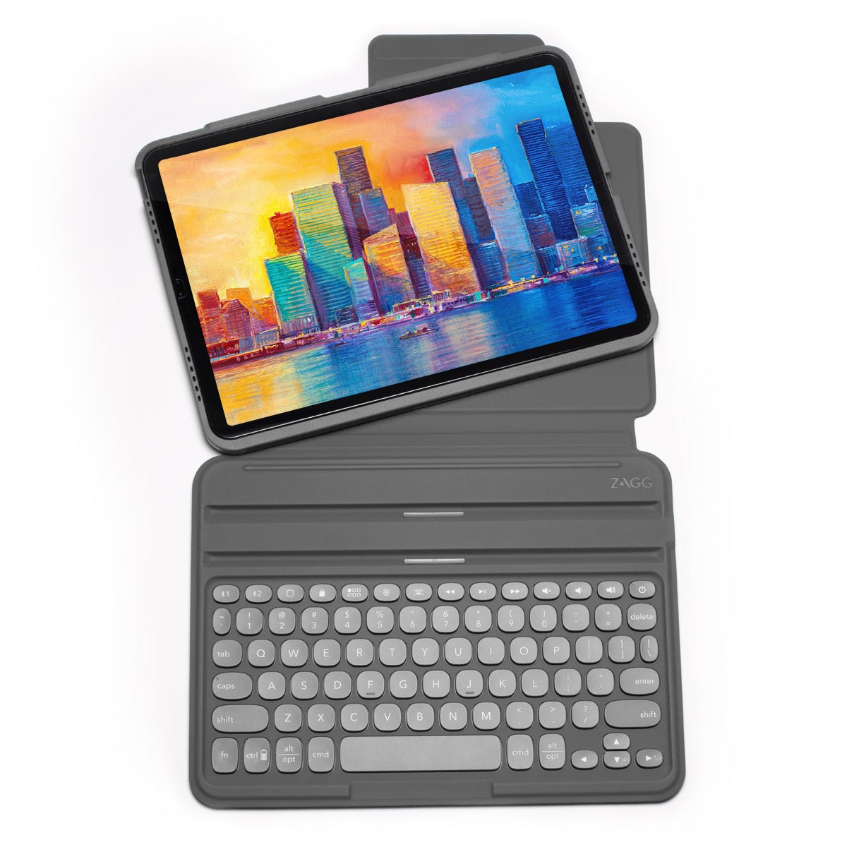 Tableta gris con funda de teclado. La tableta muestra una vista de la ciudad.