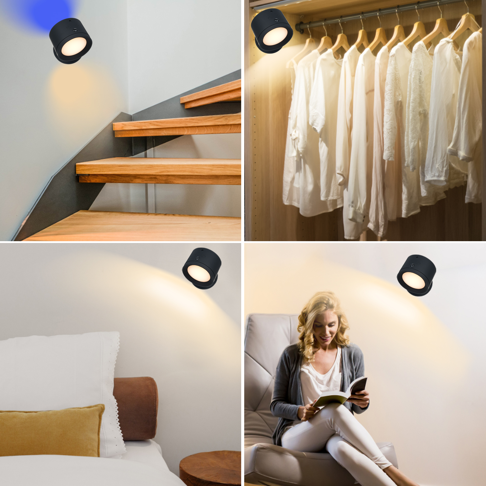 Vier Bilder: Strahler beleuchten verschiedene Szenen, Treppe, Schrank, Bett und lesende Person.