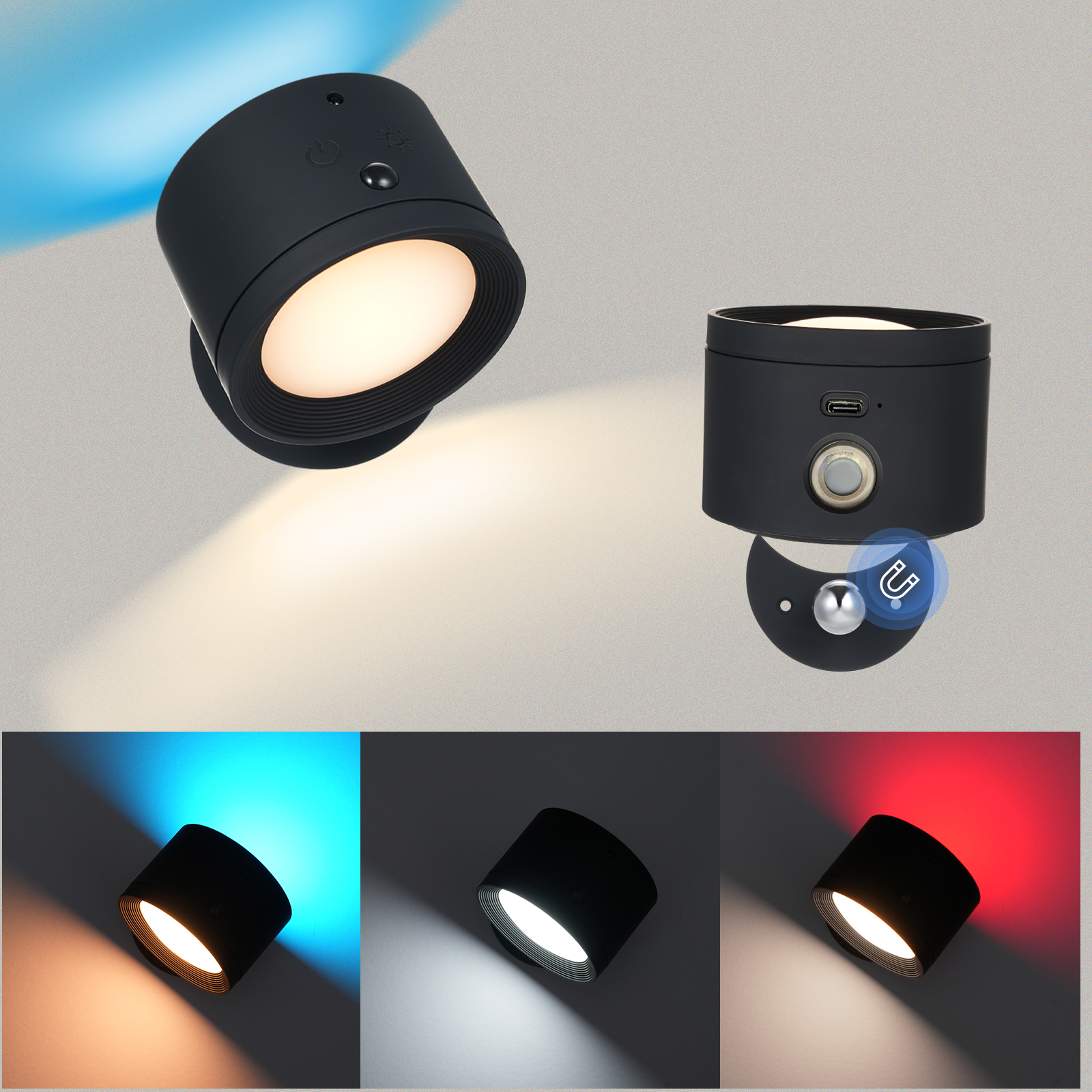 Schwarze Scheinwerfer mit verschiedenen Lichtfarben auf grauem Hintergrund.