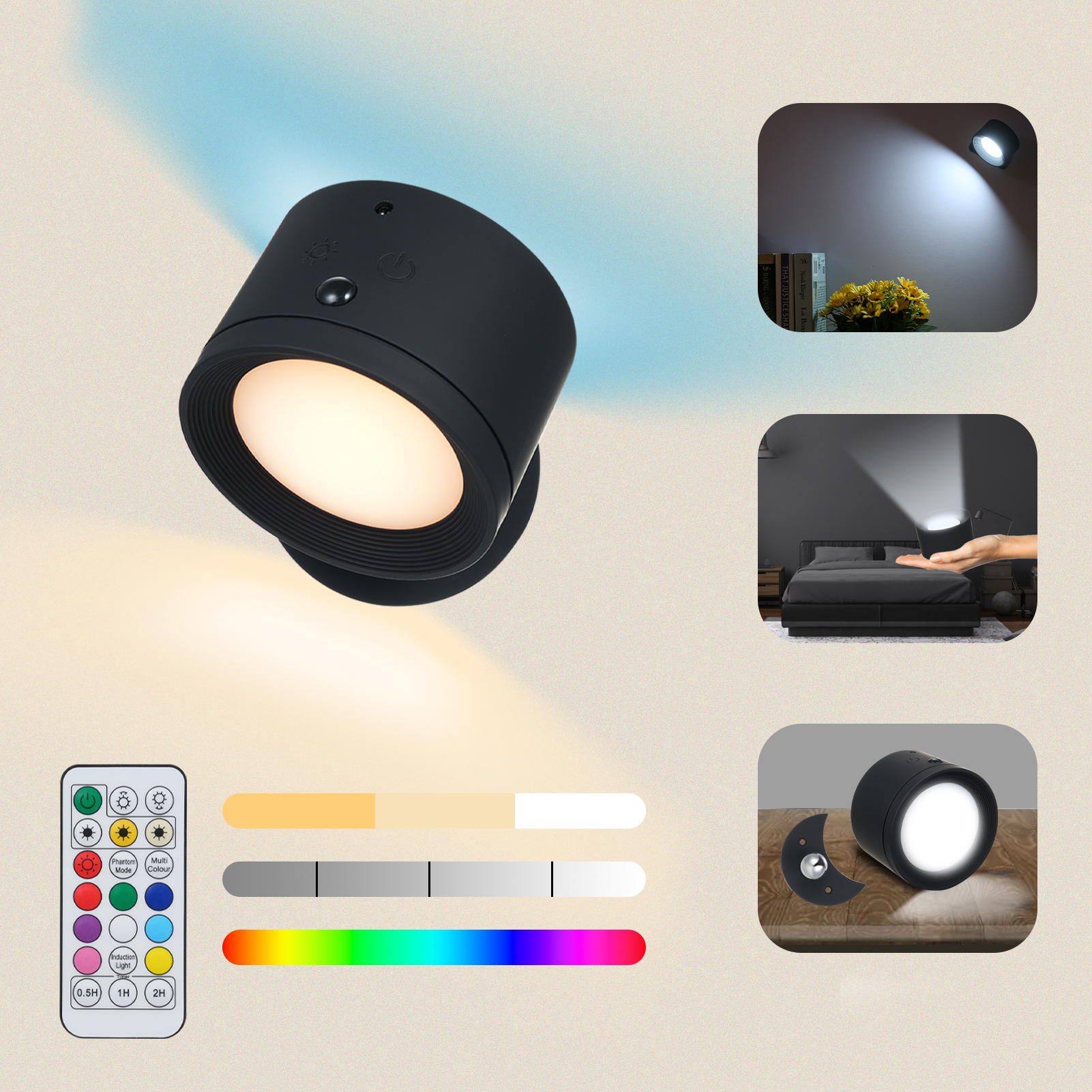 Schwarzes zylindrisches LED-Licht mit mehreren Lichteinstellungen. Enthält eine Fernbedienung und Lichtillustrationen.