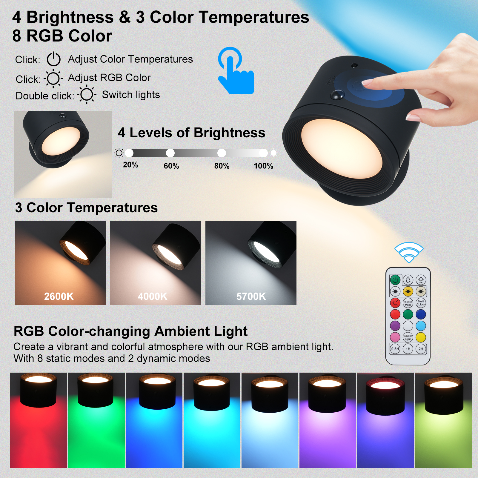 Ein schwarzes Licht mit einstellbaren Helligkeits- und Farbeinstellungen. Zeigt 3 Farbtemperaturen und 8 RGB-Farben.
