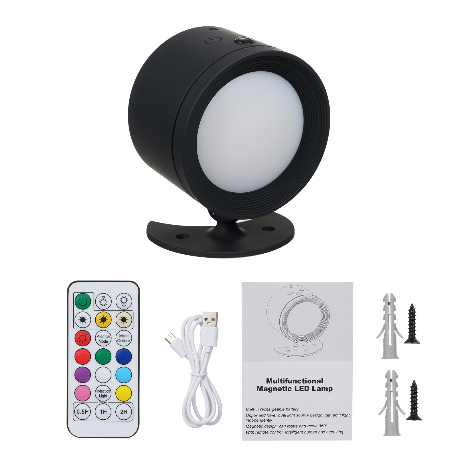 Schwarze LED-Lampe mit weißem Licht. Fernbedienung, Ladekabel, Anleitung und Schrauben sind ebenfalls sichtbar.