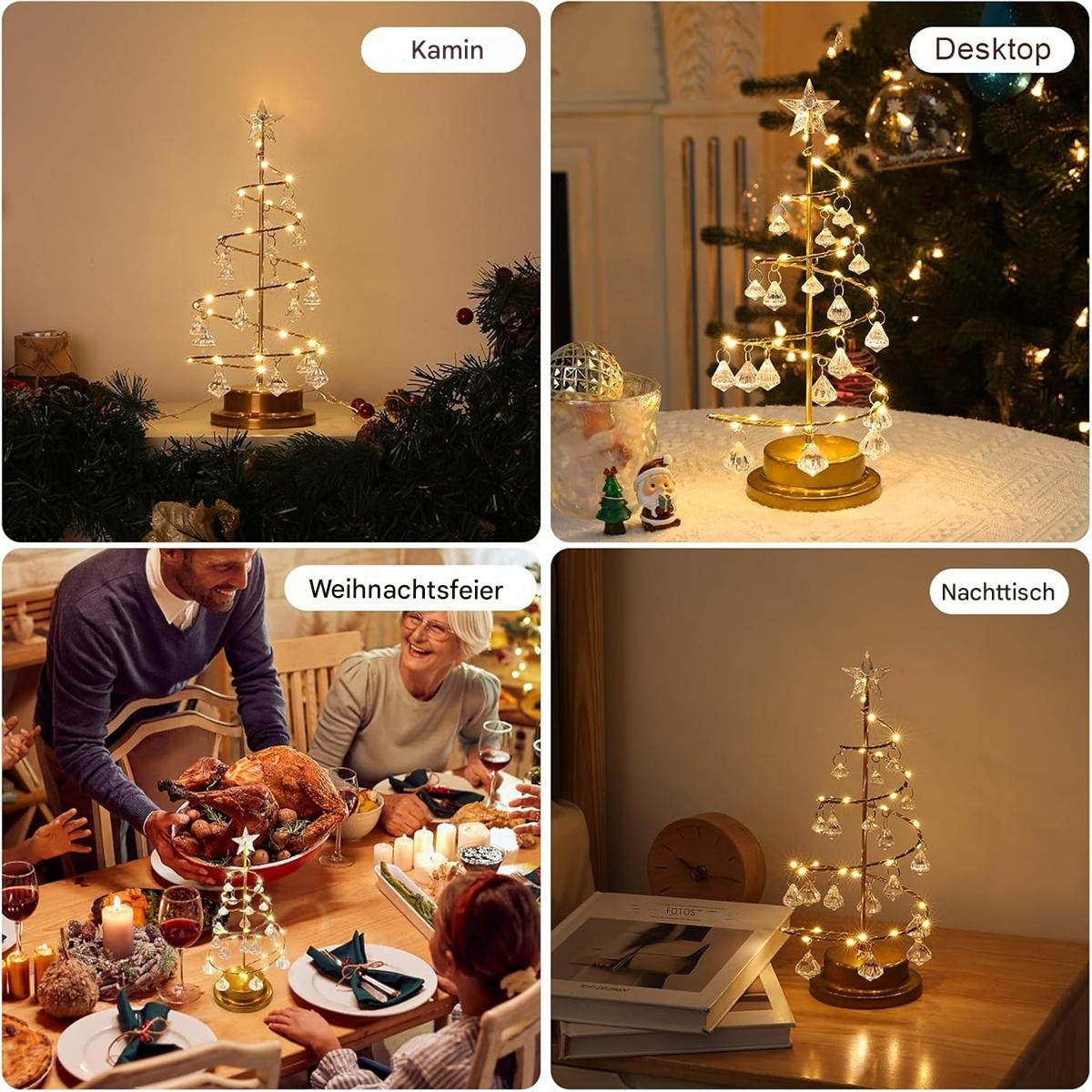 Vier Bilder von Weihnachtsbäumen, einer zu Hause, einer mit einer Familie, zwei mit Lichtern.