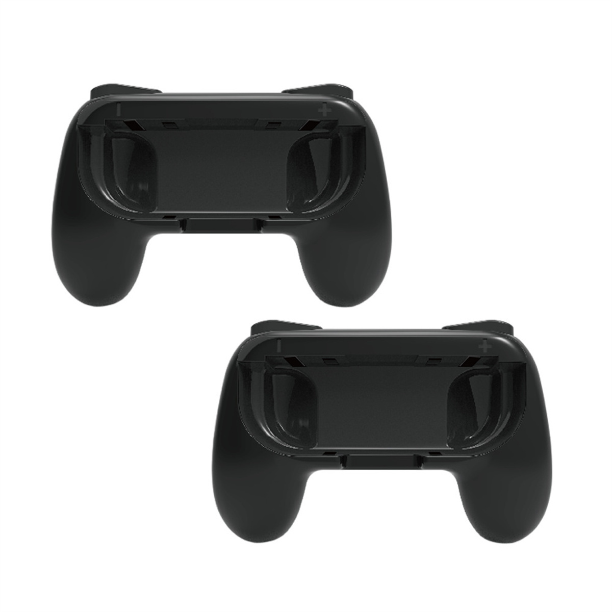 Zwei schwarze Gamepad-Griffe, entworfen für eine Handheld-Konsole. Zeigt die Handgriffe.
