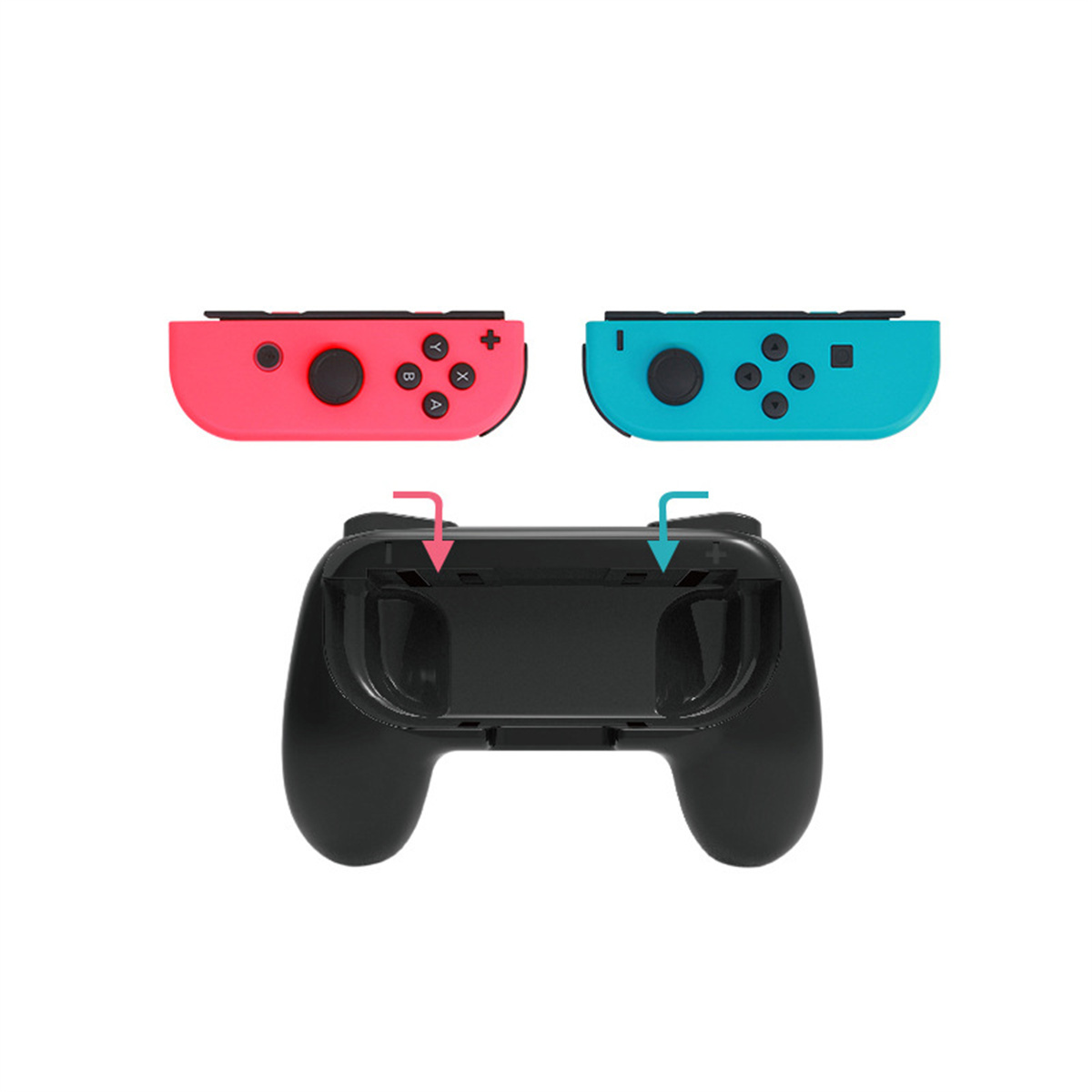 Gaming-Controller; rosa und blau, sowie ein schwarzer Halter mit Pfeilen.