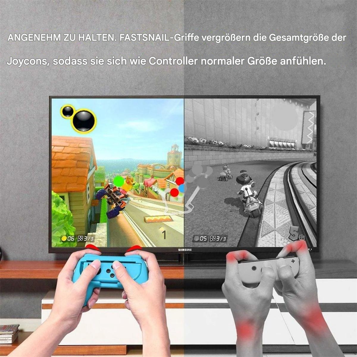 Hände halten Gamecontroller, die mit einem Fernseher verbunden sind, der ein Split-Screen-Spiel anzeigt.