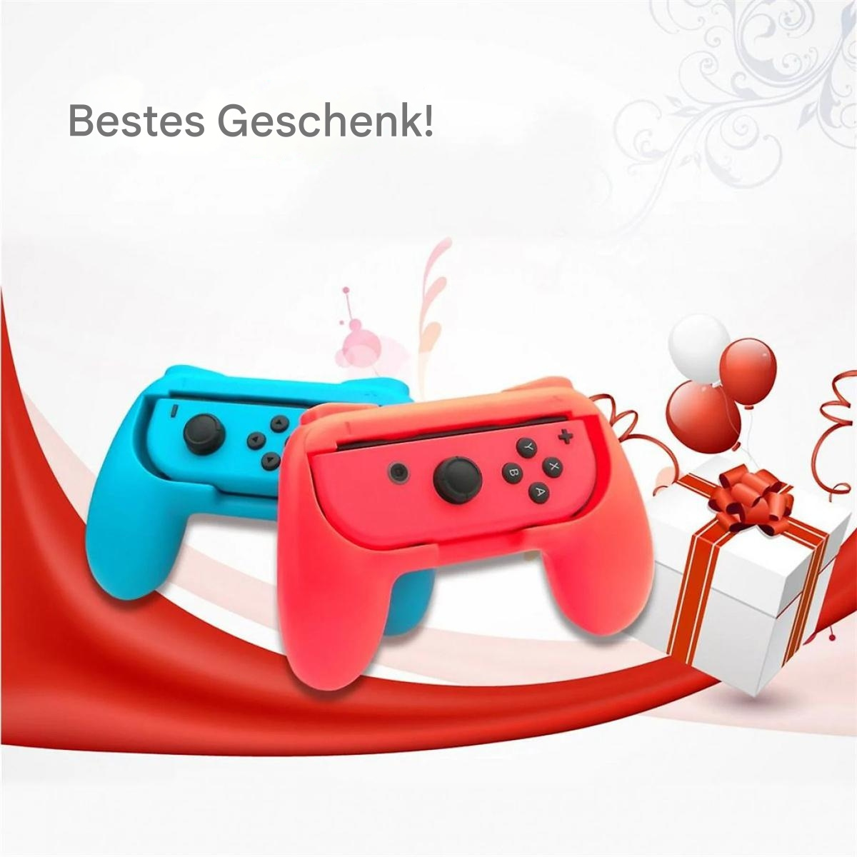 Zwei Nintendo Switch Controller, rot und blau, neben einer Geschenkbox.