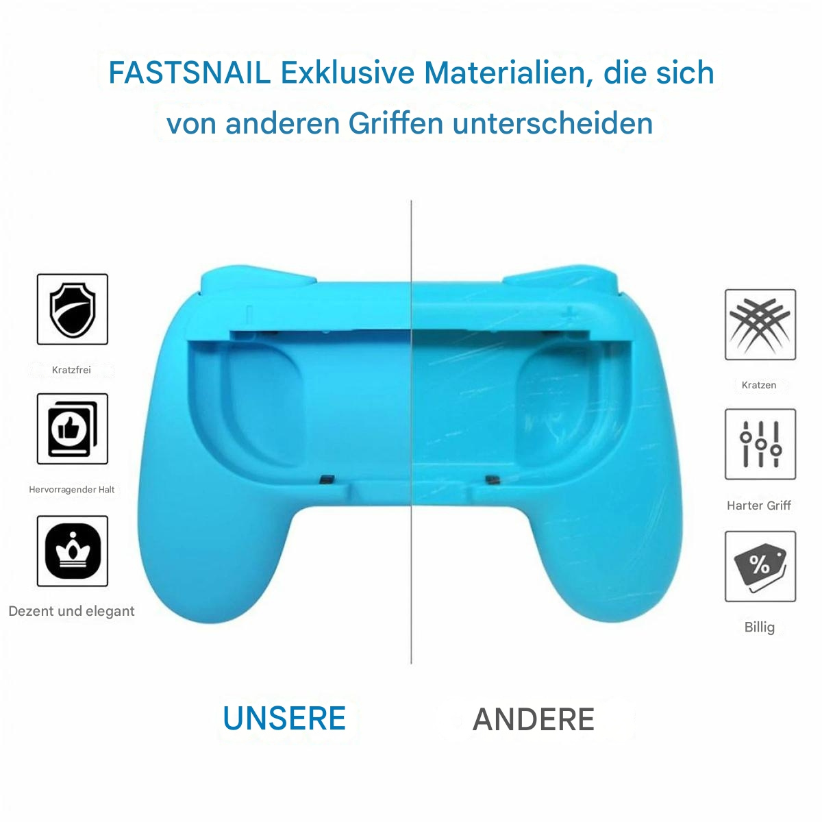 Ein hellblauer Controller-Griff mit Text und Symbolen, der den Unterschied zwischen 'UNSERE' und 'ANDERE' Griffen zeigt.