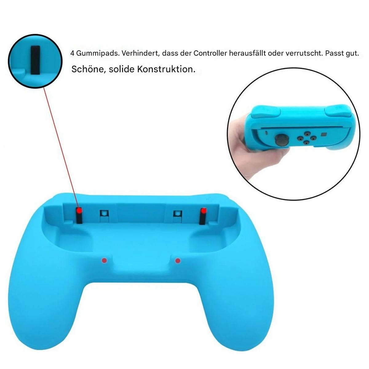Blaues Gamepad mit roten Knöpfen, Nahaufnahme mit Etiketten.