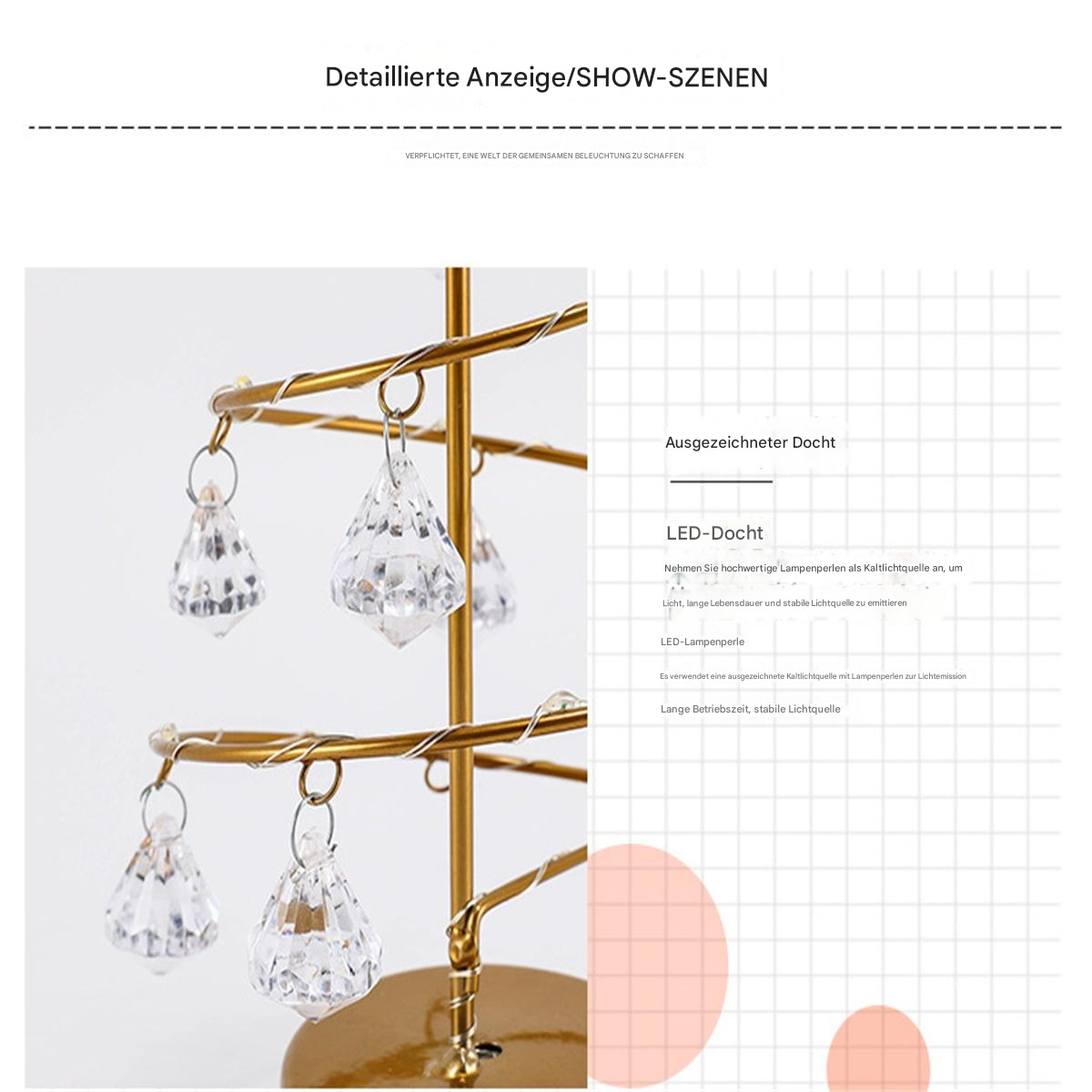 Ein dekorativer Baum aus Gold und diamantartigen Objekten.