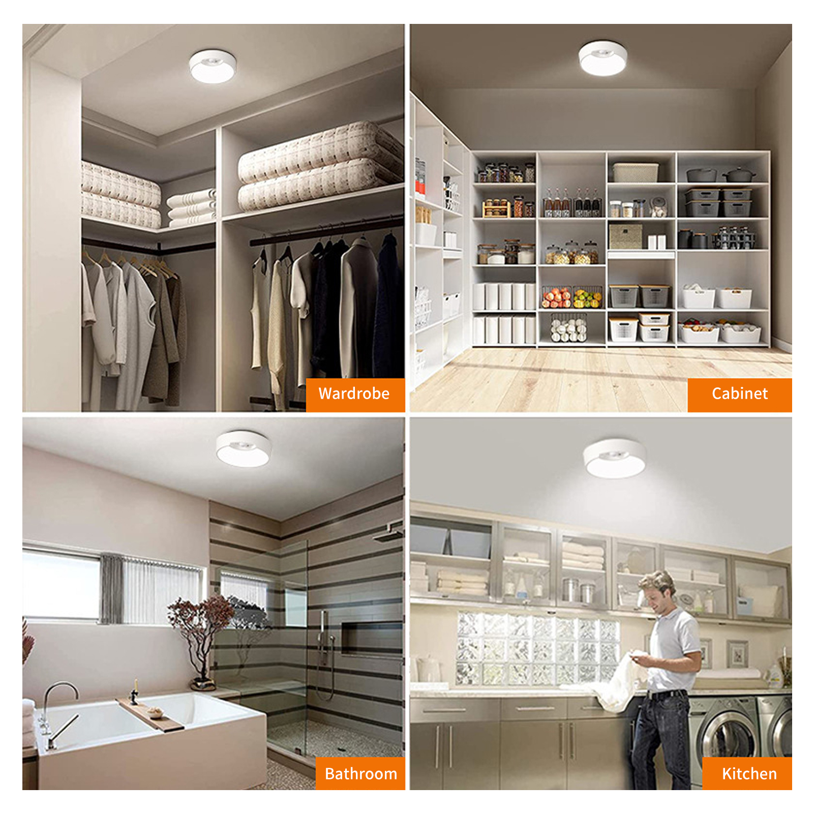 Collage von 4 Bildern, die ein Licht in einem Kleiderschrank, Schrank, Bad und Küche zeigen.