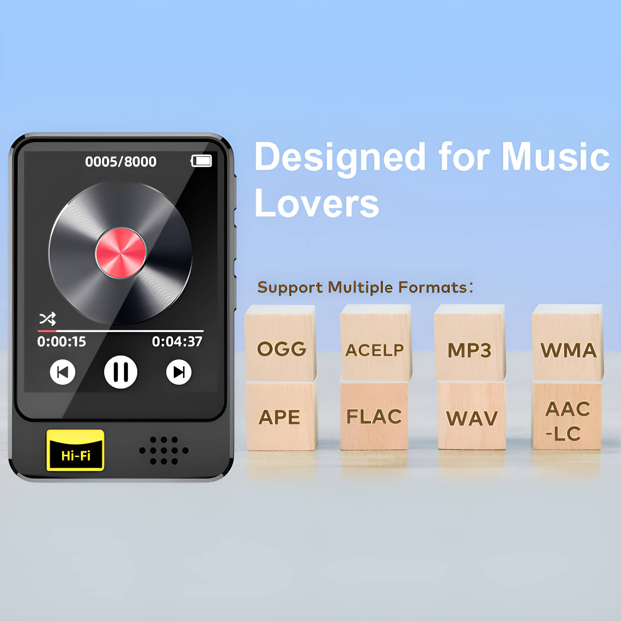 Schwarzer MP3-Player mit Bildschirm und Holzblöcken mit Formaten.