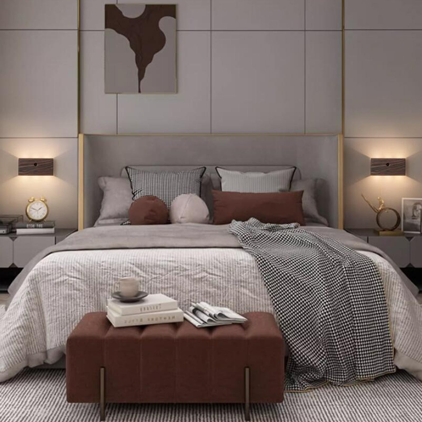 Schlafzimmer mit Bett, Nachttischen, Lampen, Gemälde und einer Bank. Das Bett hat Kissen und eine Decke.