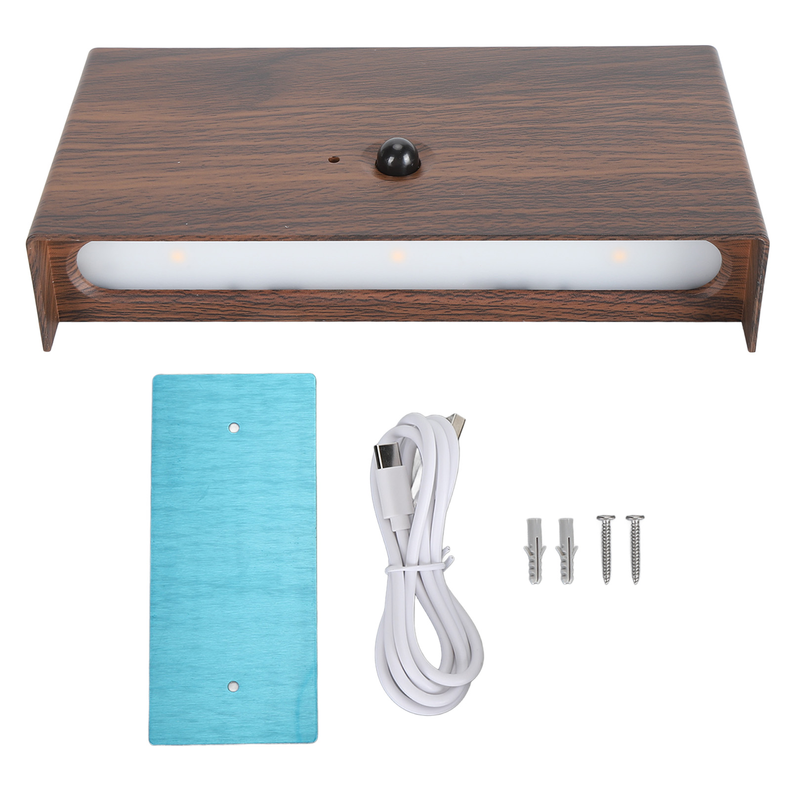 Rechteckiger Sockel in Holzoptik mit oberem Knopf, blauem Rechteck, weißem Kabel und Schrauben.