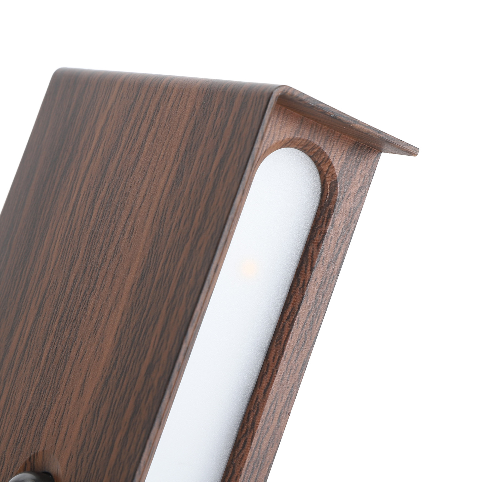 Holzständer mit weißem Lichtpanel.