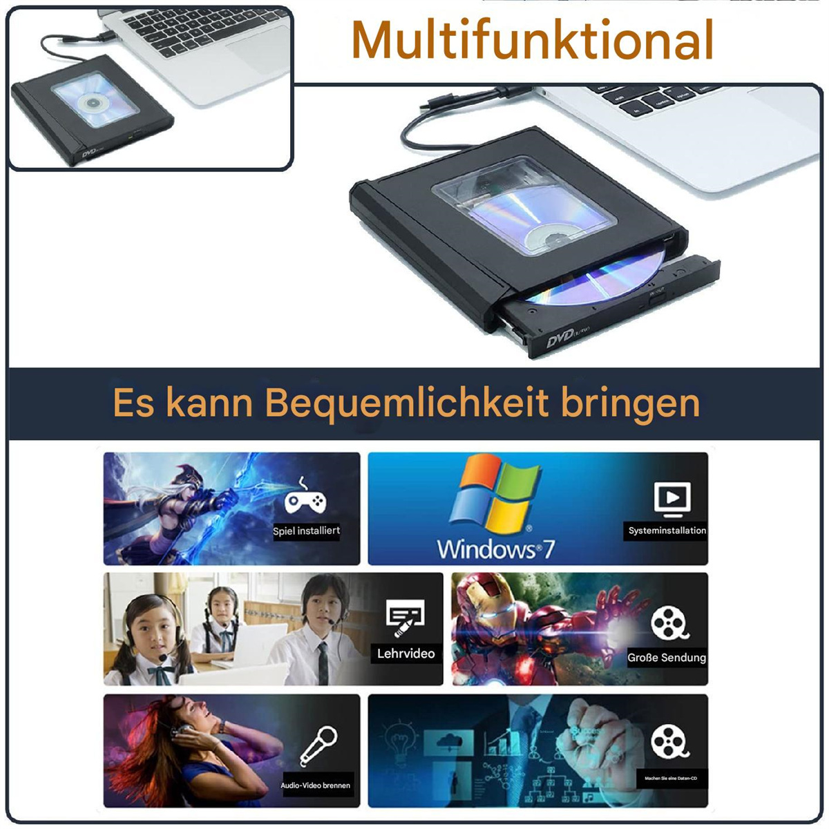 DVD-Laufwerk und Laptops. Symbole für Softwareinstallation, Windows 7, Videos und mehr. Schwarz und Blau.