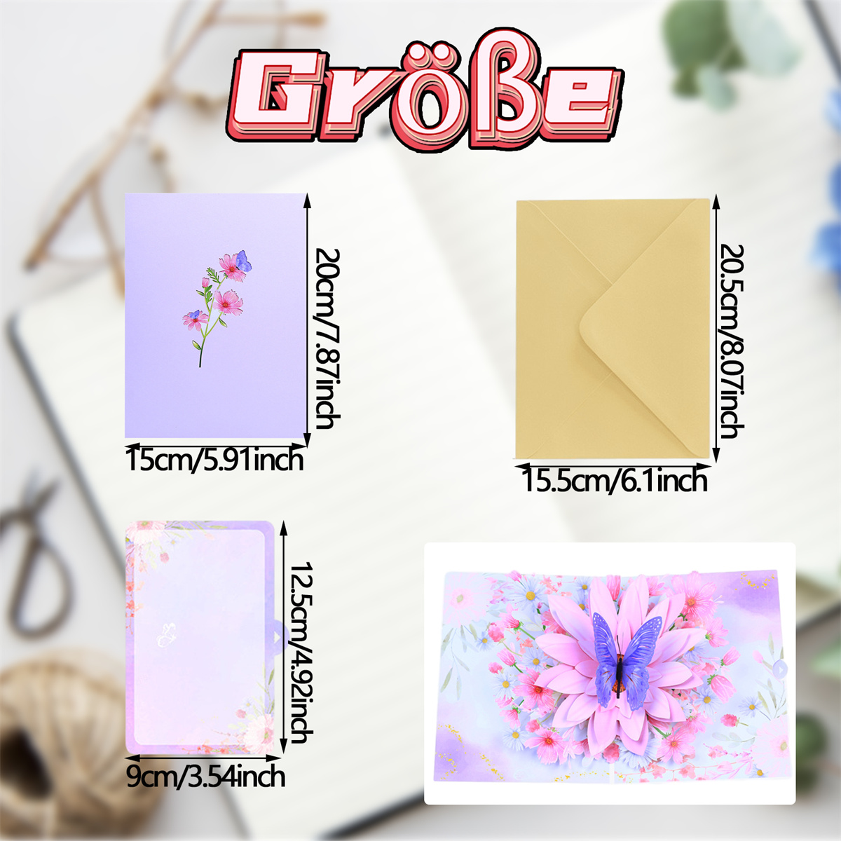 Grußkarten mit Blumendesigns. Eine ist offen mit Schmetterling. Abmessungen werden angezeigt.