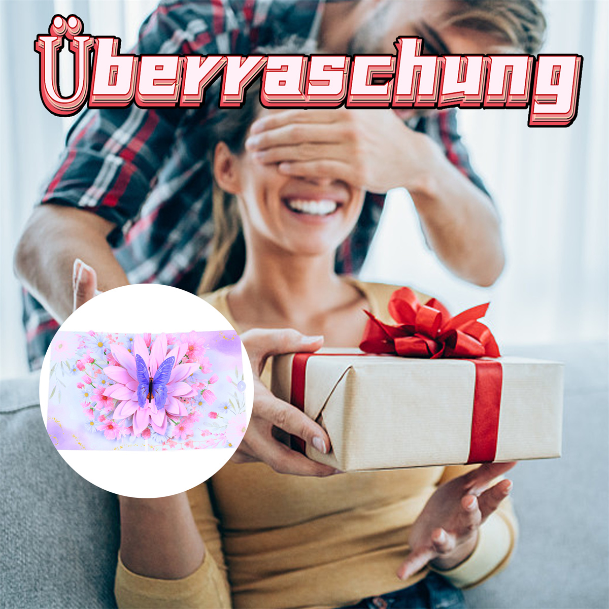 Mann verdeckt Augen der Frau. Sie hält ein Geschenk. Banner: Überraschung.