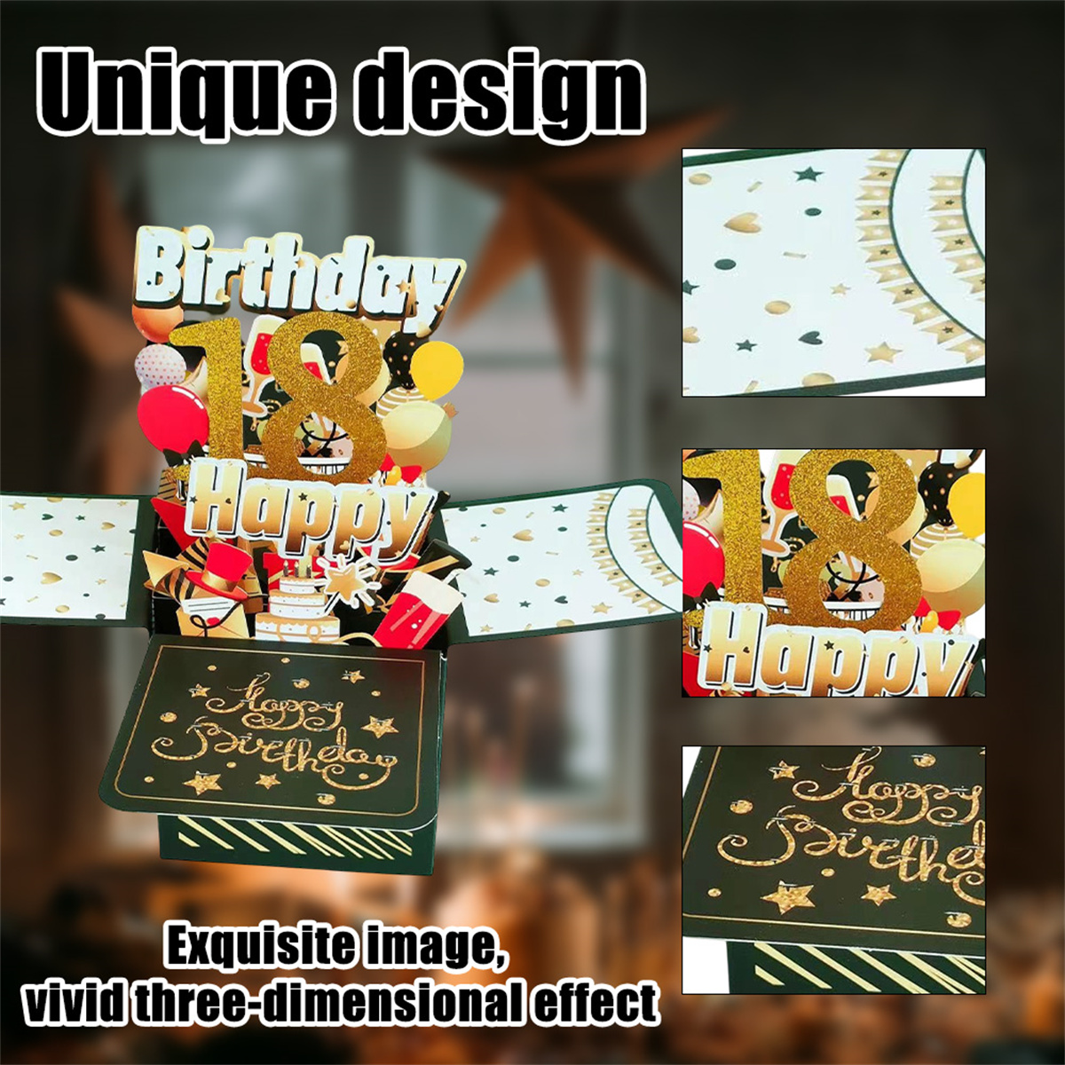 Eine Geburtstagskarte mit Pop-up-Design, mit Glitzerzahlen und Ballons.