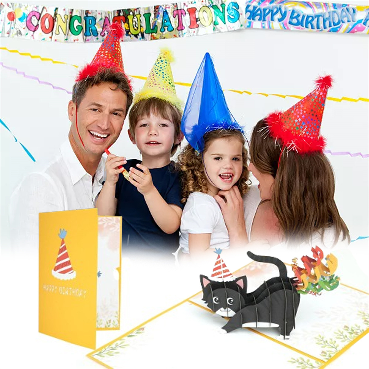 Familie auf einer Geburtstagsfeier mit Hüten, Banner mit "GRATULIERE ZUM GEBURTSTAG" und einer Karte.
