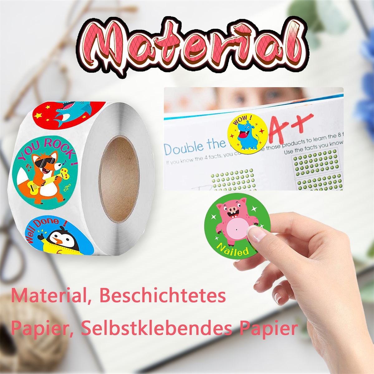 Rolle Aufkleber mit Zeichentricktieren. Eine Hand hält einen Aufkleber mit der Aufschrift 'Nailed'. Ein anderer sagt 'Double the facts'.