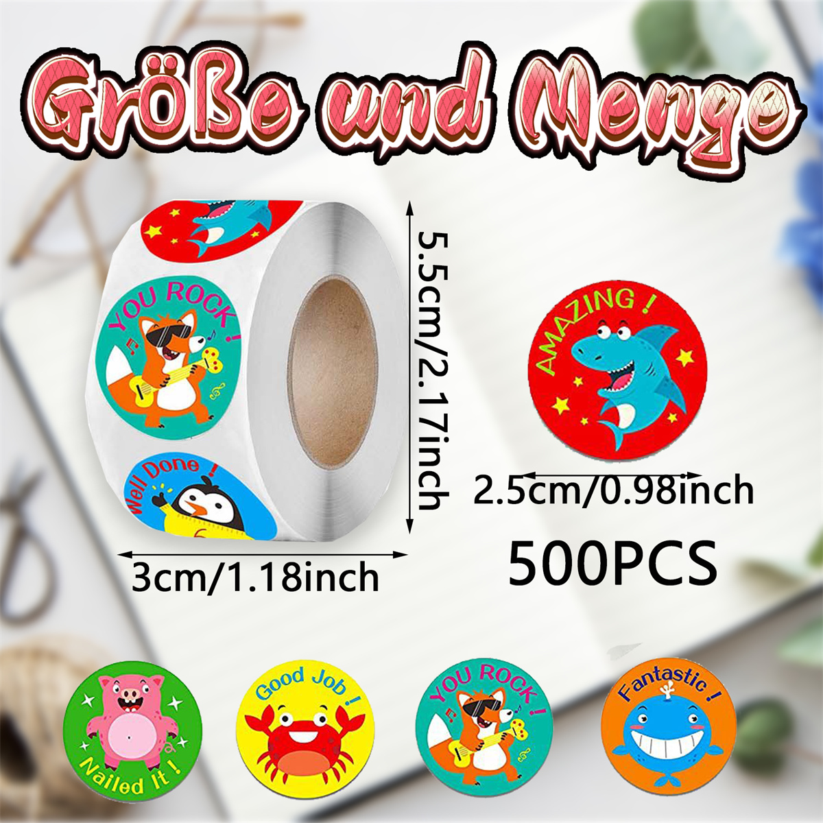 Aufkleberrolle mit verschiedenen Designs, darunter Hai, Fuchs, Schwein, Krabbe. Text: Größe und Menge.
