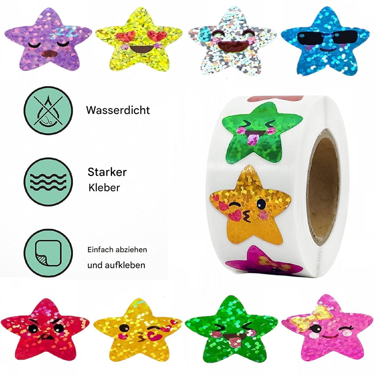 Bunte Sternaufkleber mit verschiedenen Emoji-Gesichtern und eine Rolle Sternaufkleber auf weißem Untergrund.