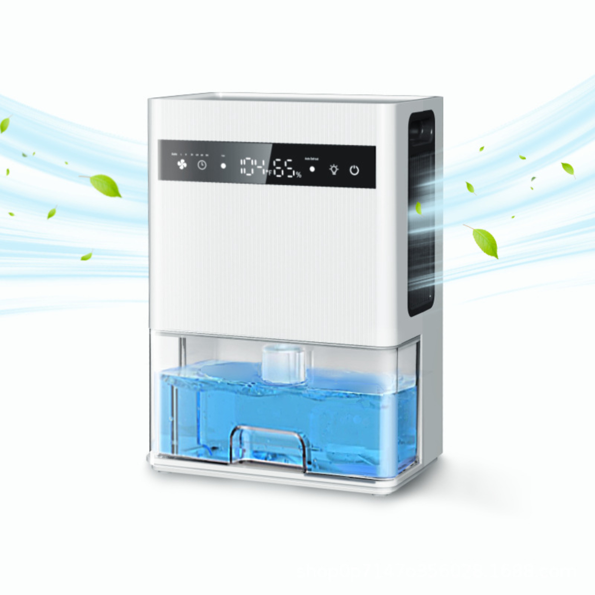 Weißer und silberner Luftreiniger mit Wassertank. Er hat ein digitales Display und grüne Blätter schweben.