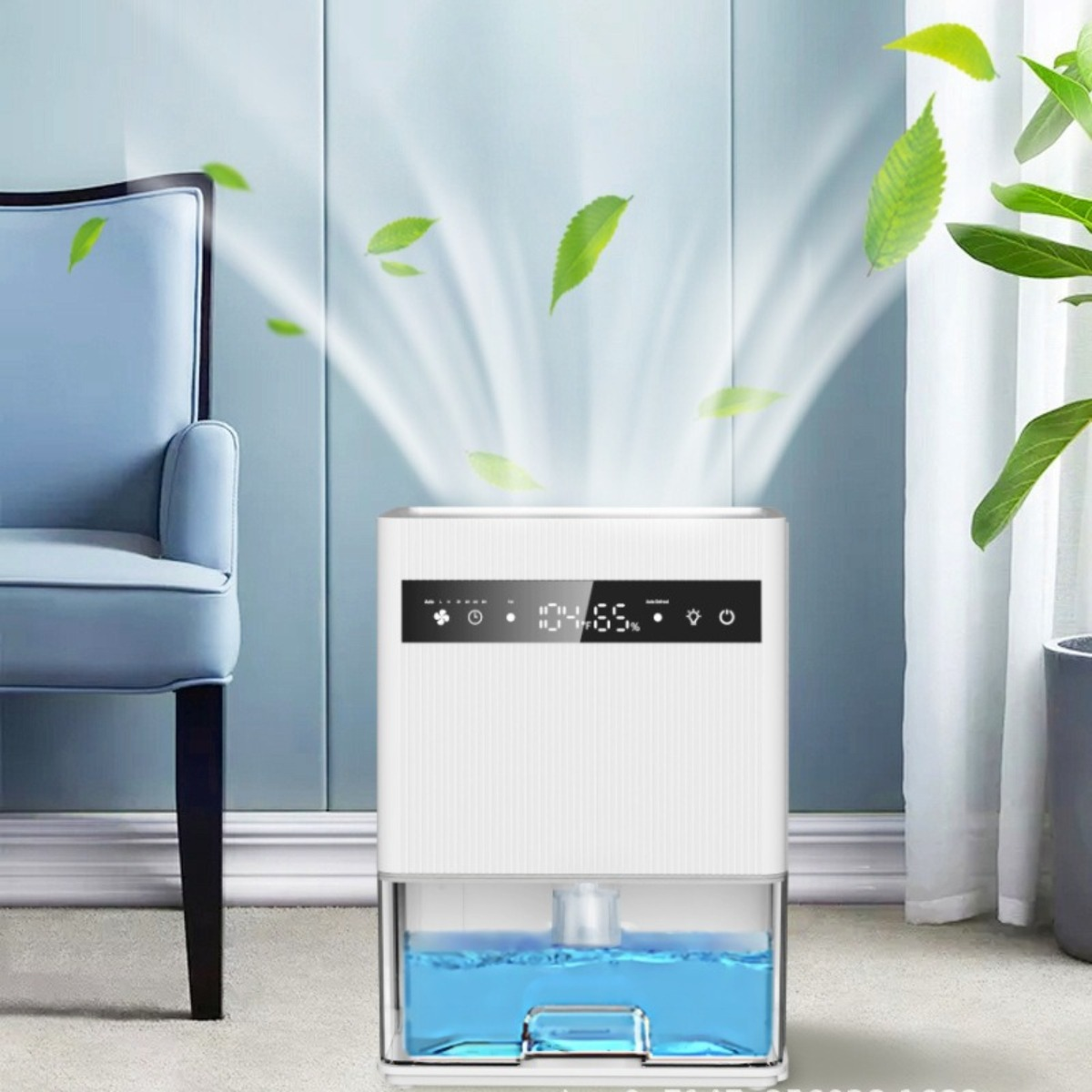 Weißer Luftreiniger mit Display, Wassertank und Blättern.