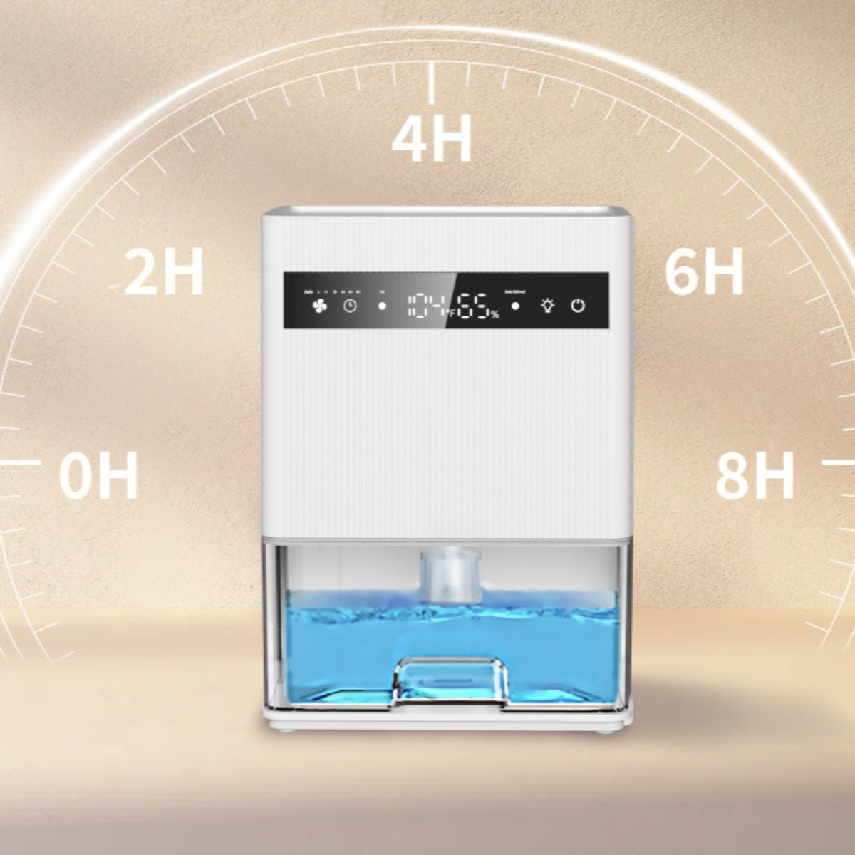 Weißer Luftentfeuchter mit blauem Wassertank und Digitalanzeige. Zeiteinstellungen sind um das Gerät herum angezeigt.