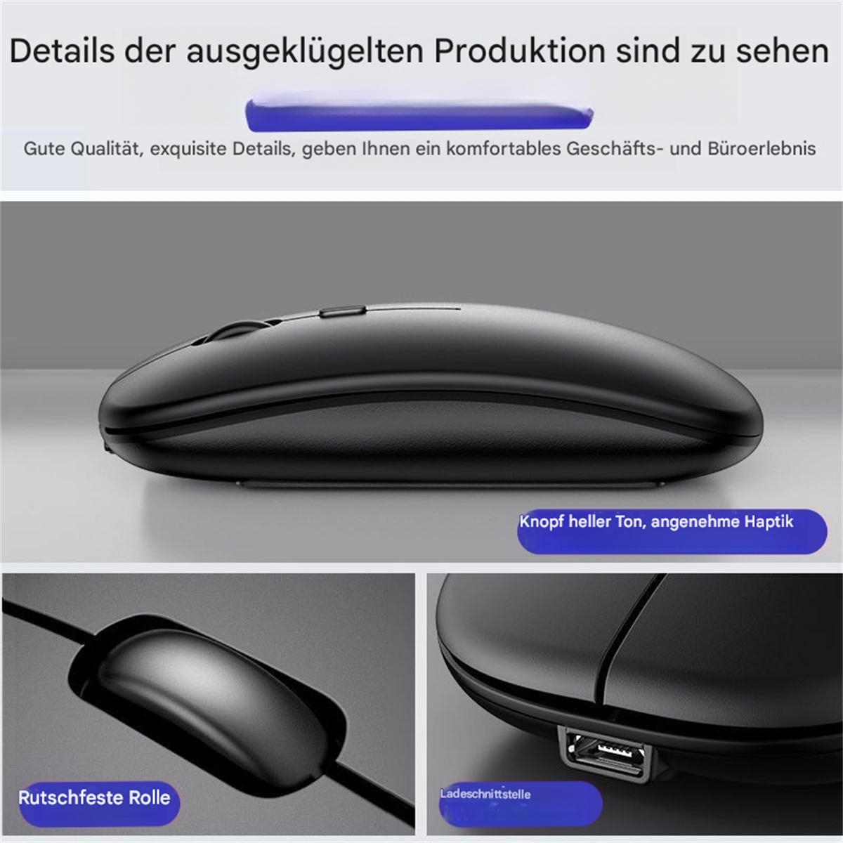 Schwarze Maus mit Details zu Scrollrad und Ladeanschluss. Text: Rutschfeste Rolle, angenehme Haptik, USB-Anschluss.