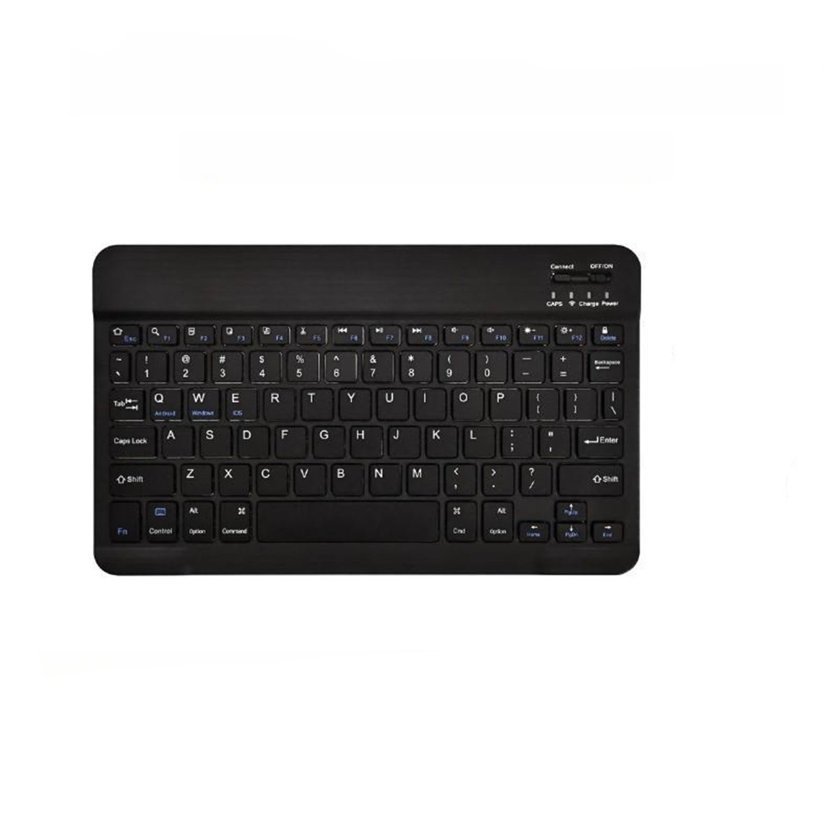 Eine schwarze, tragbare Tastatur auf weißer Oberfläche. Mit Tasten und Funktionstasten.