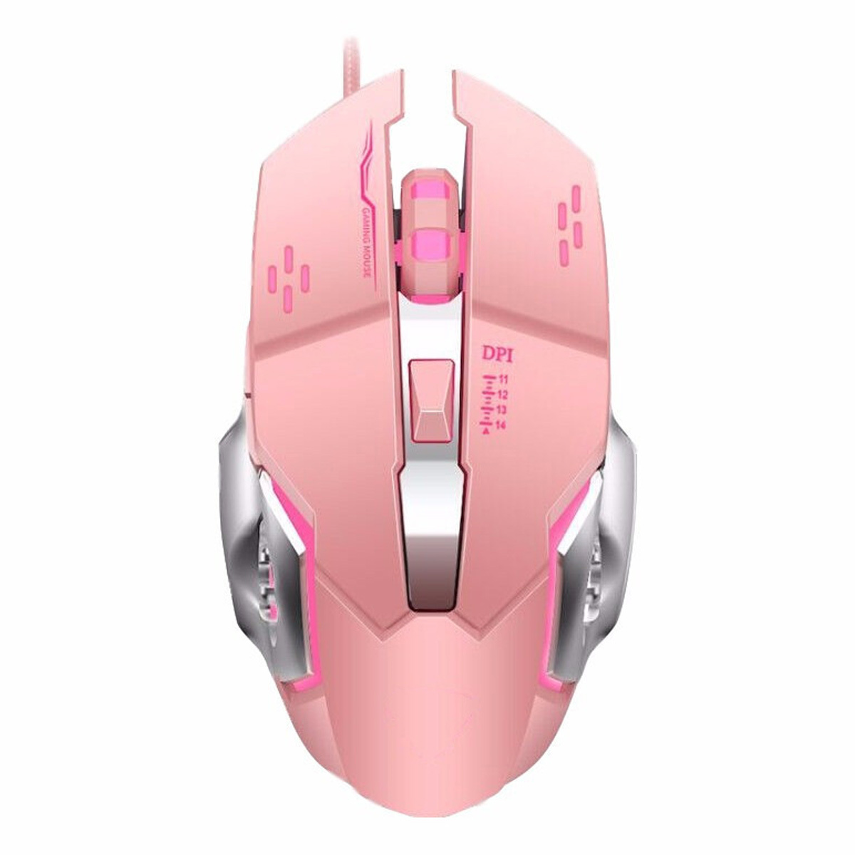 Pinke Gaming-Maus mit mehreren Tasten und DPI-Einstellungen. Die Maus hat ein futuristisches Design.