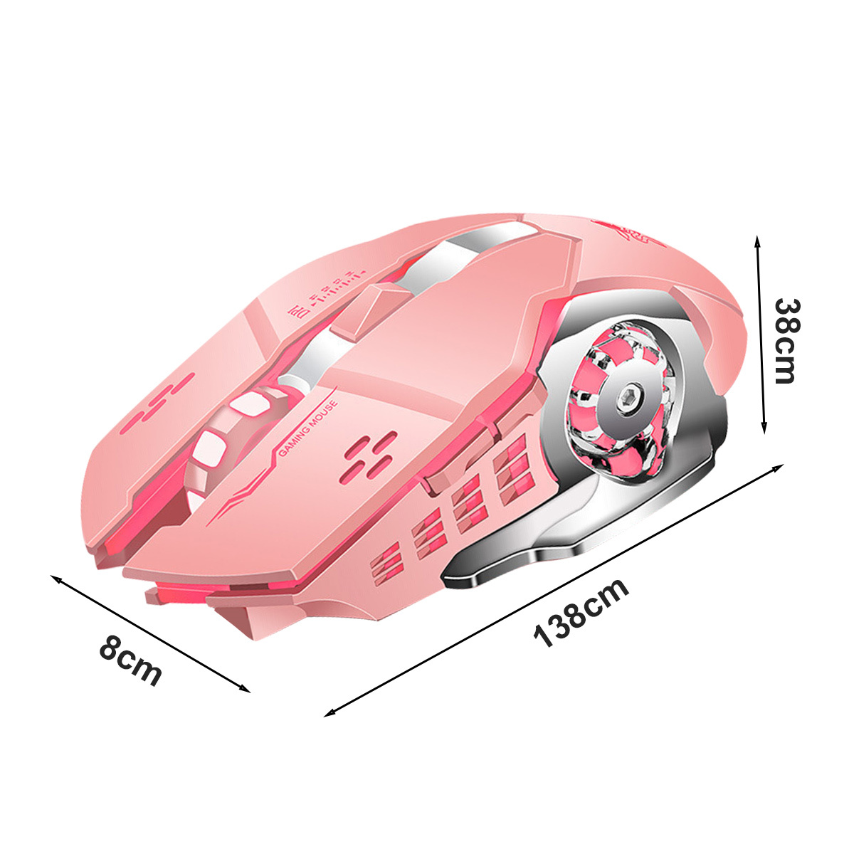 Pinke Gaming-Maus mit den Abmessungen 138 mm x 38 mm x 8 mm, auf weißem Hintergrund.