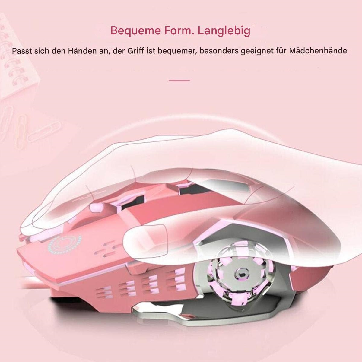 Rosa Maus mit Hand-Overlay. Text oben beschreibt die Maus. Weicher rosa Hintergrund.