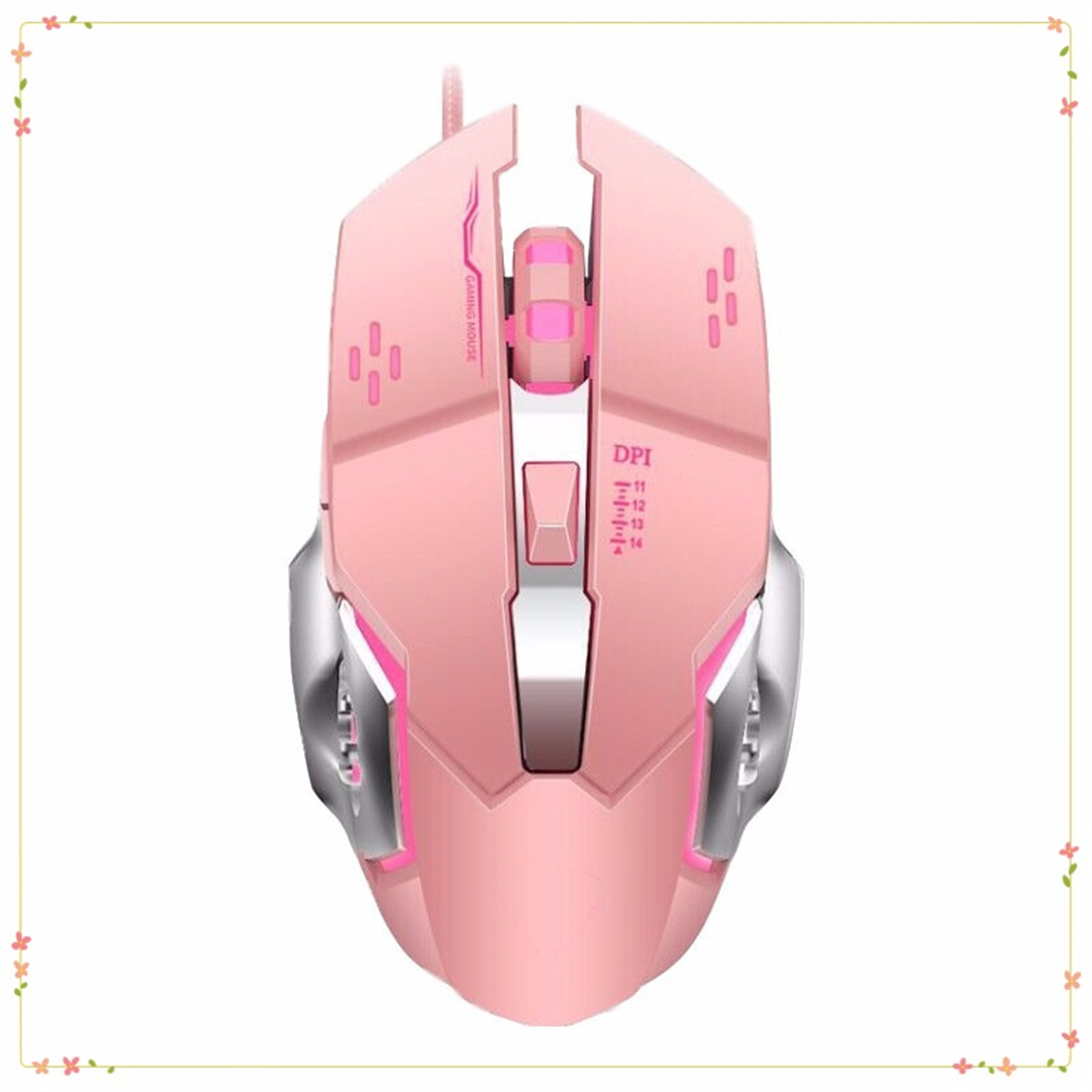 Rosa Gaming-Maus mit mehreren Tasten, einem Scrollrad und DPI-Einstellung.