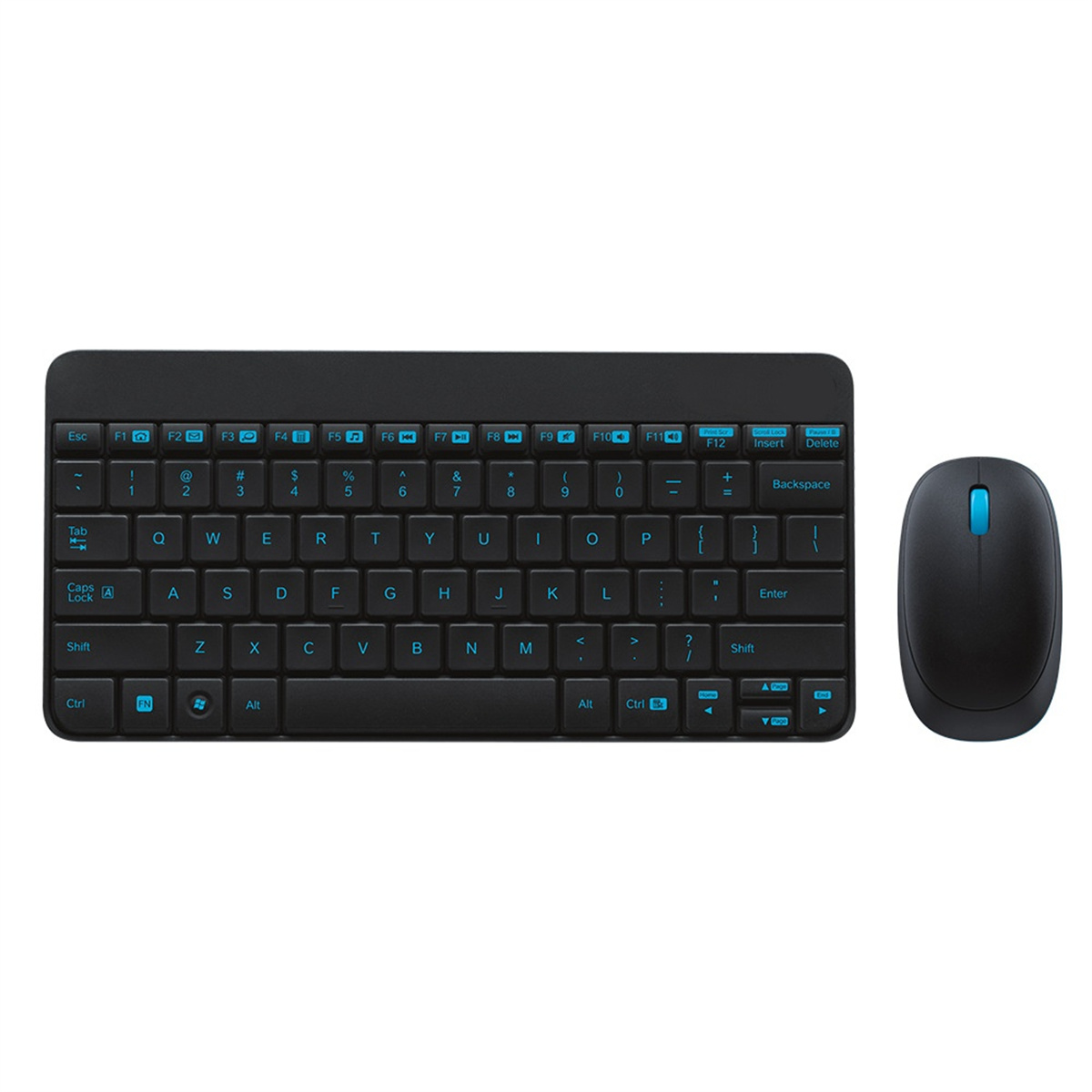 Schwarzes kabelloses Tastatur- und Maus-Set. Die Tastatur ist kompakt mit blau akzentuierten Tasten.