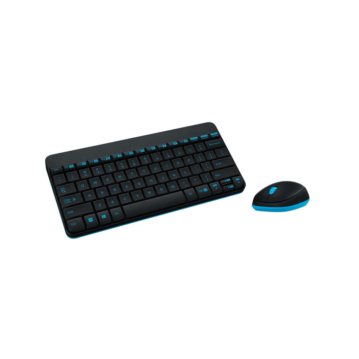 Schwarzes Tastatur- und Maus-Set. Beide haben blaue Akzente. Weißer Hintergrund.