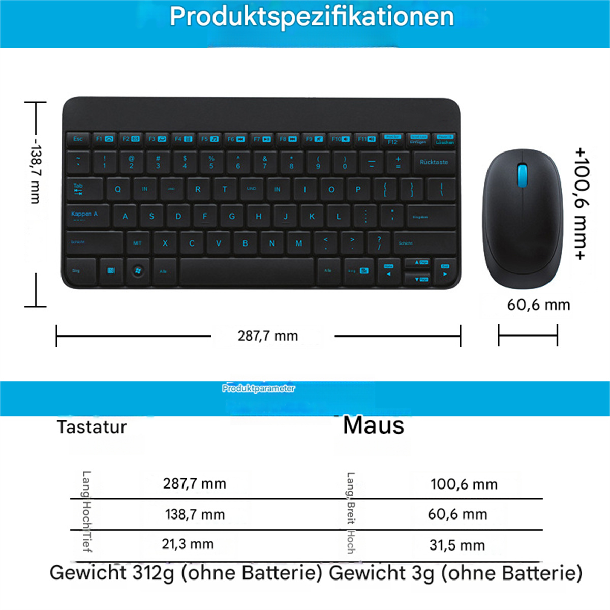 Eine Tastatur und eine Maus nebeneinander, mit Produktspezifikationen und Abmessungen im Bild.