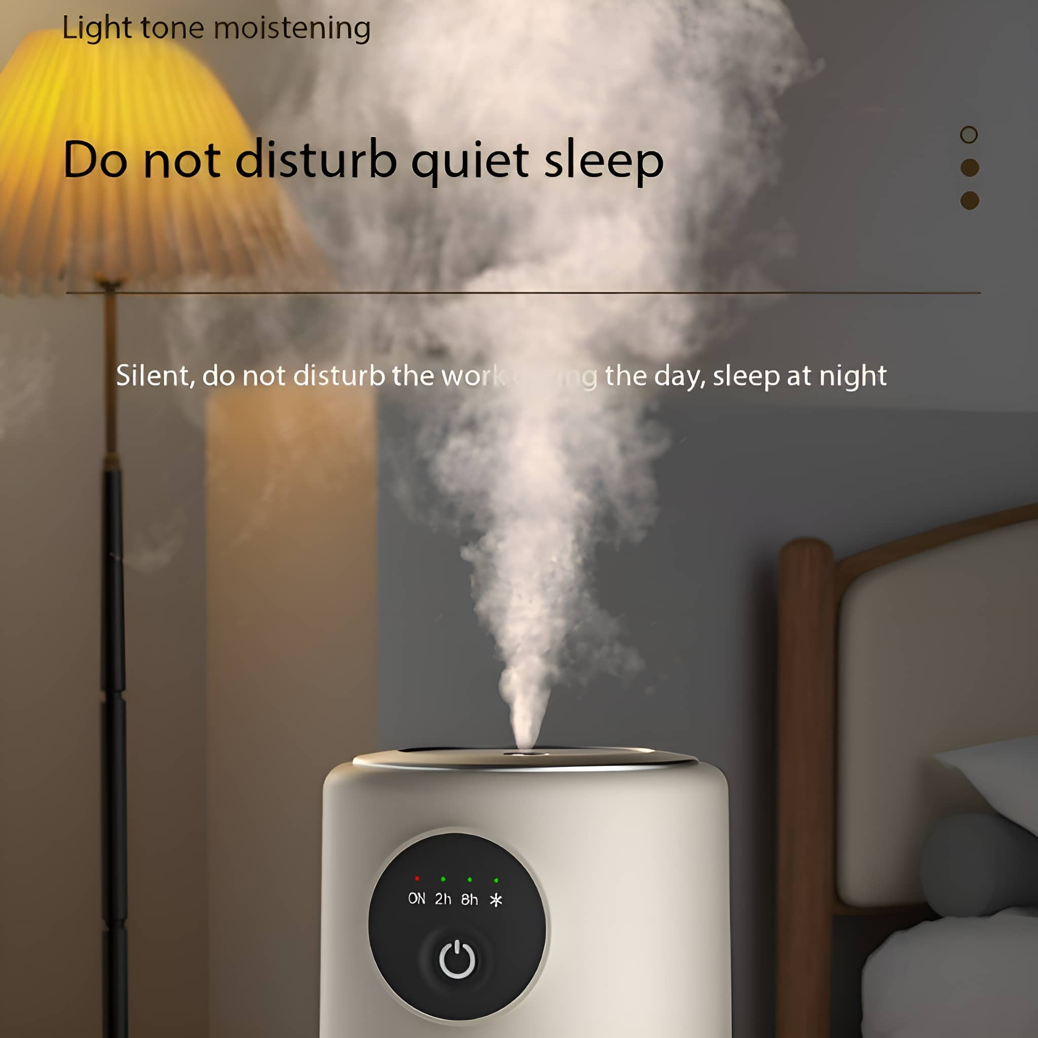 Luftbefeuchter in einem Schlafzimmer. Weißer Luftbefeuchter, aus dem Dampf austritt. Text: Nicht stören.