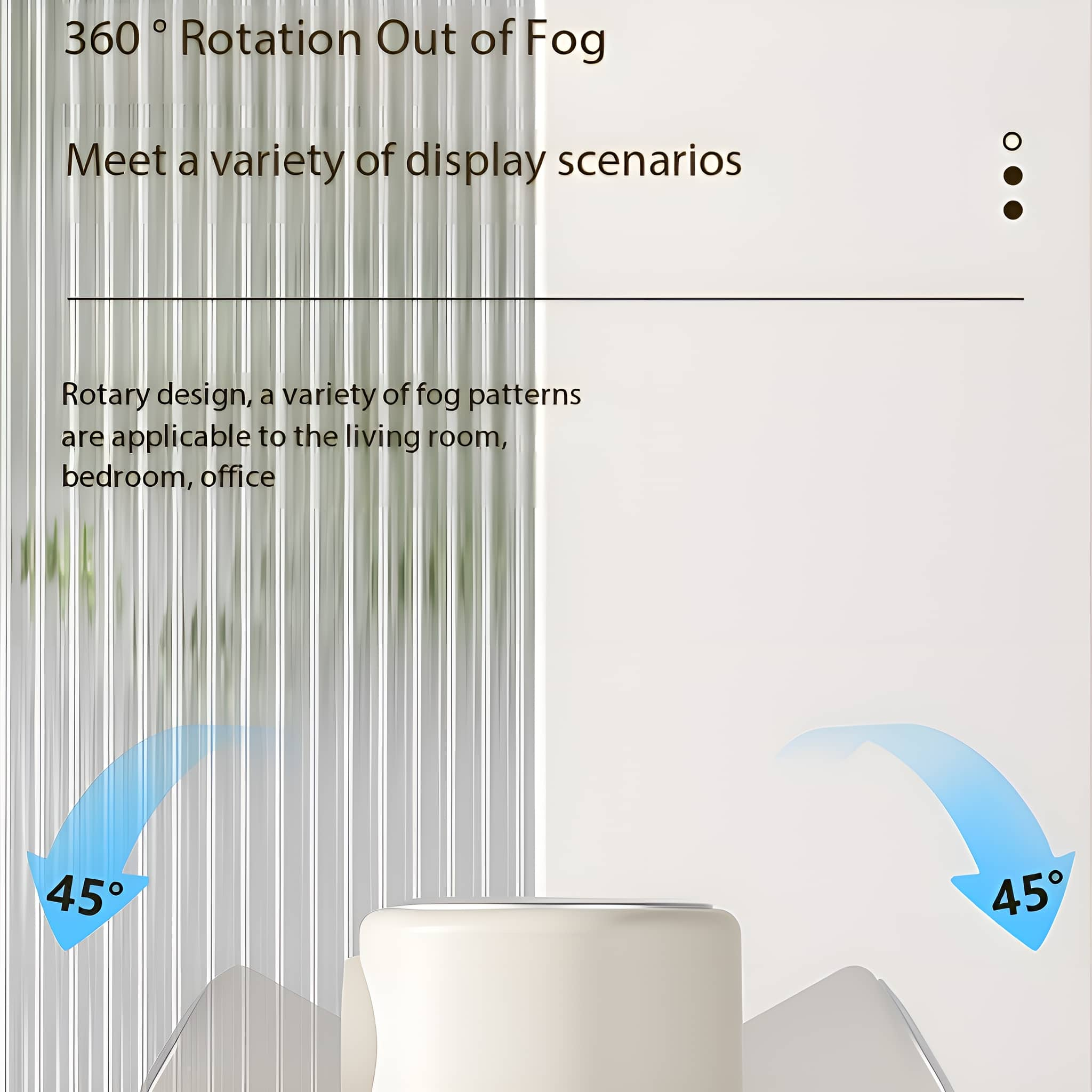 Weißes Gerät mit Text und Pfeilen. Text lautet "360 Rotation Out of Fog". 