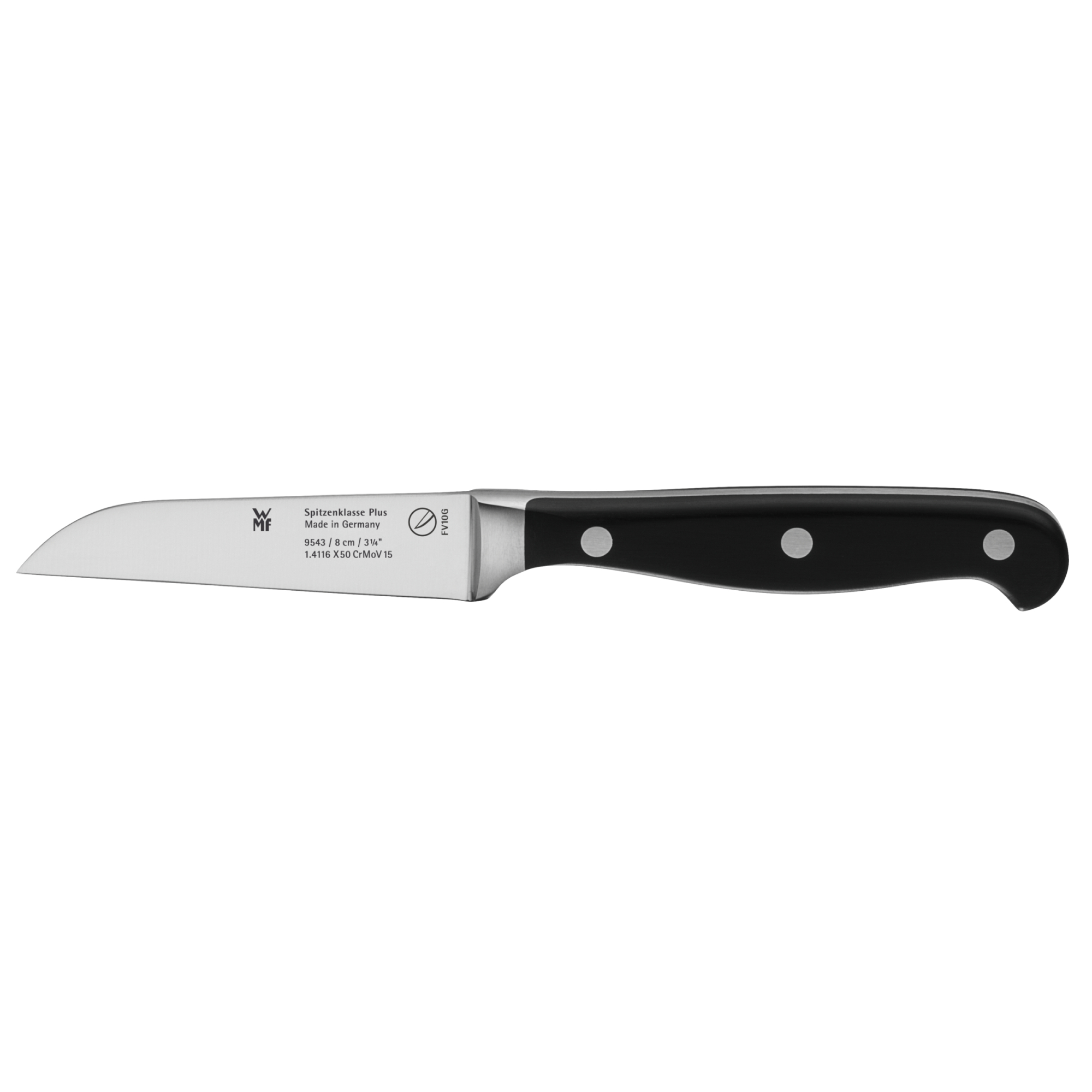 Ein Küchenmesser mit schwarzem Griff auf weißem Hintergrund.