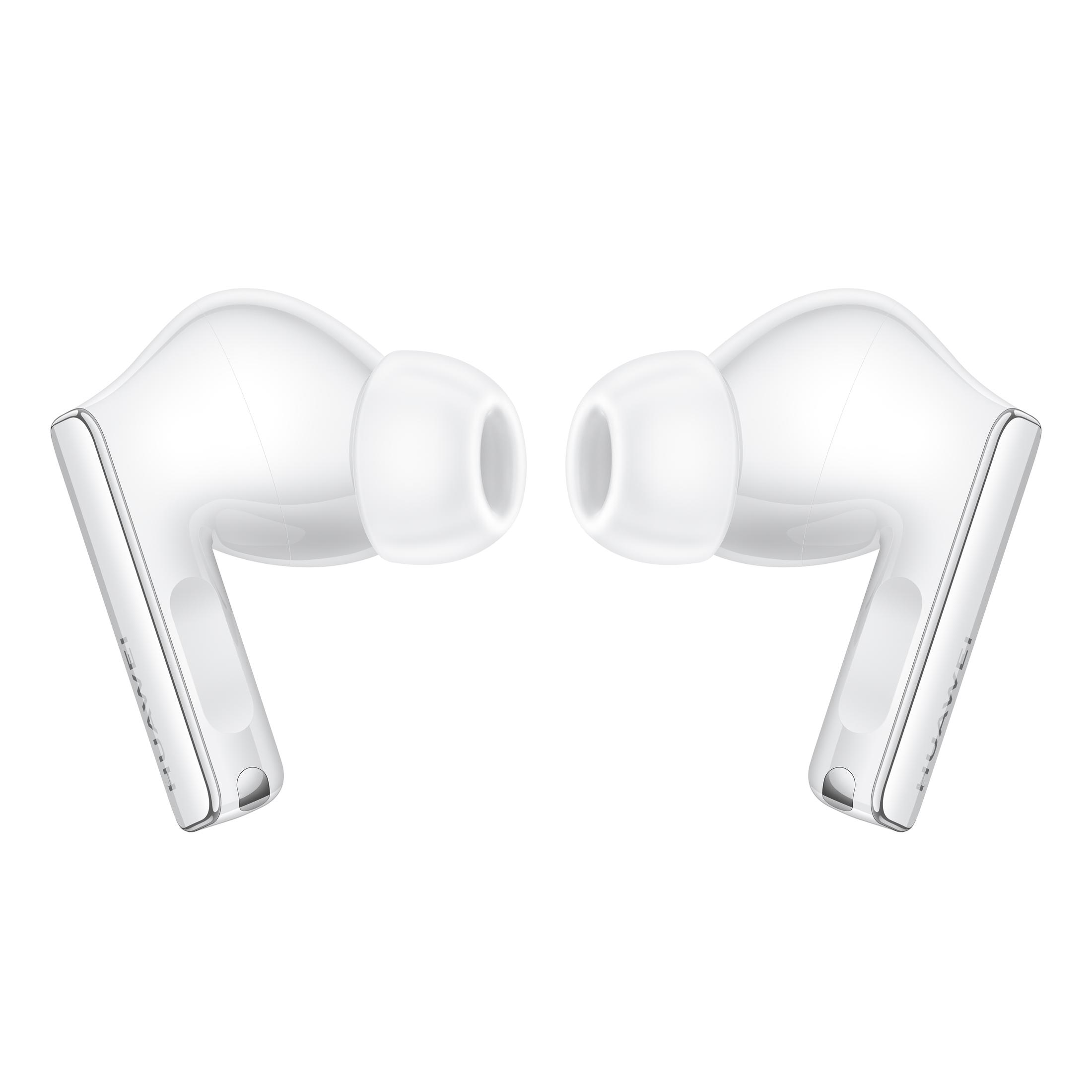 Dwa białe słuchawki Huawei. Są zwrócone do siebie. Tło jest białe.