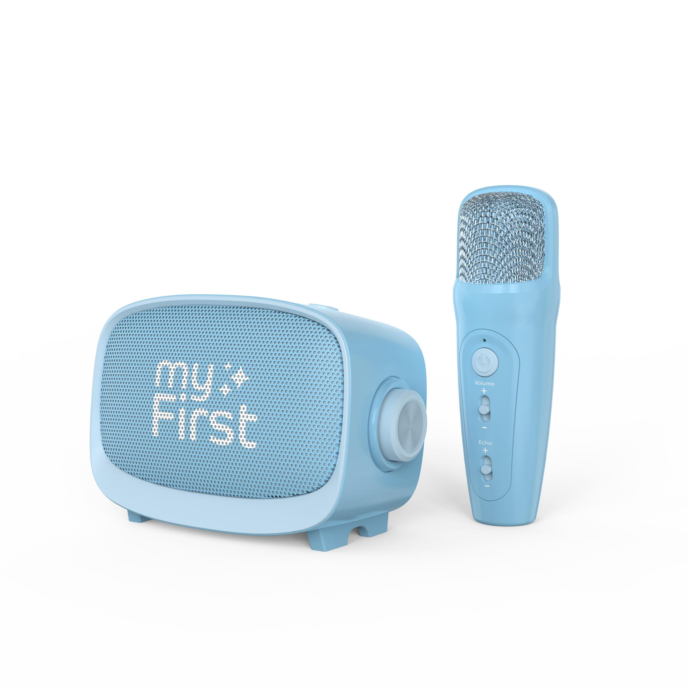 Haut-parleur bleu avec microphone. Le haut-parleur a du texte, le micro des commandes de volume/écho.