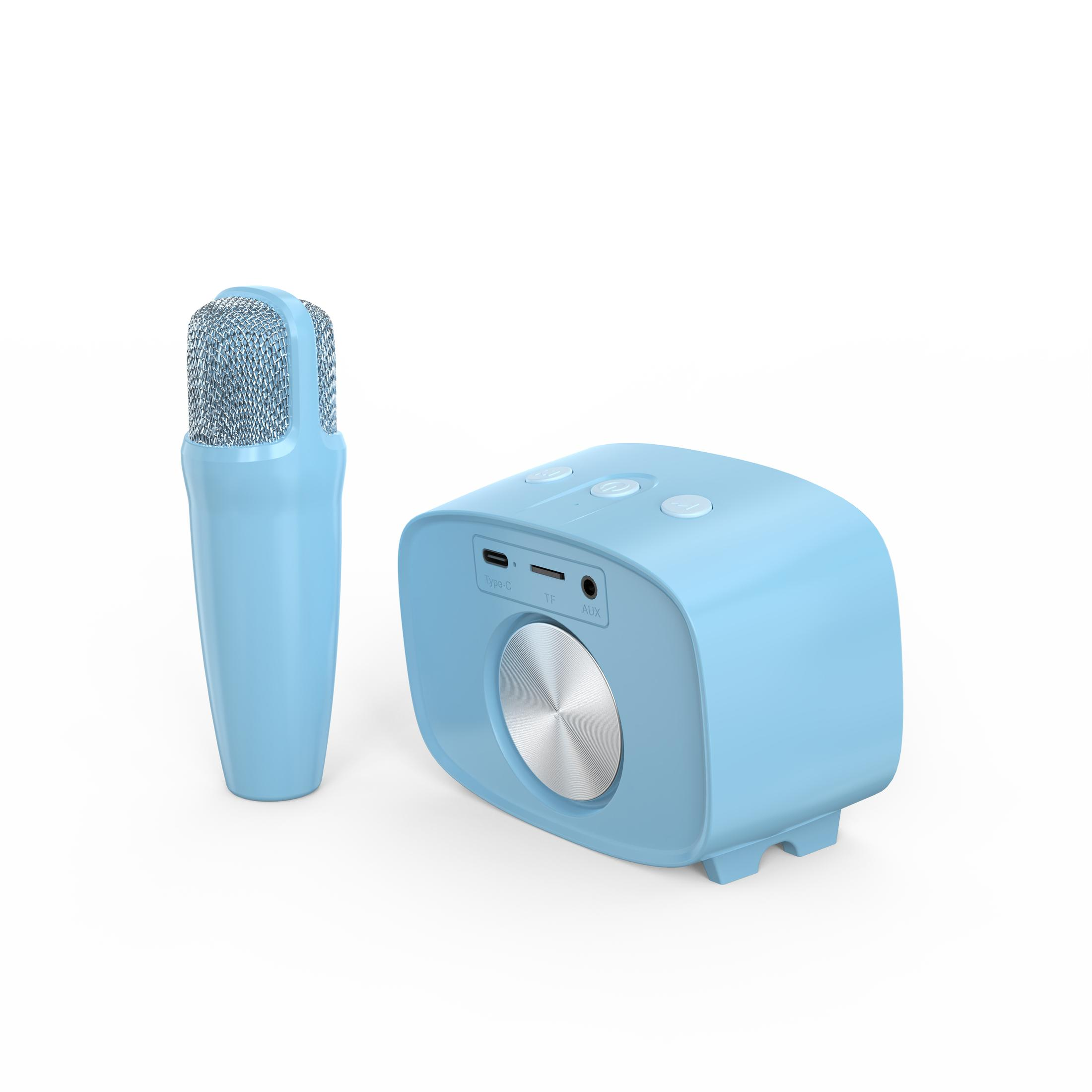 Ensemble karaoké bleu avec un microphone et un haut-parleur. Le microphone est portable.