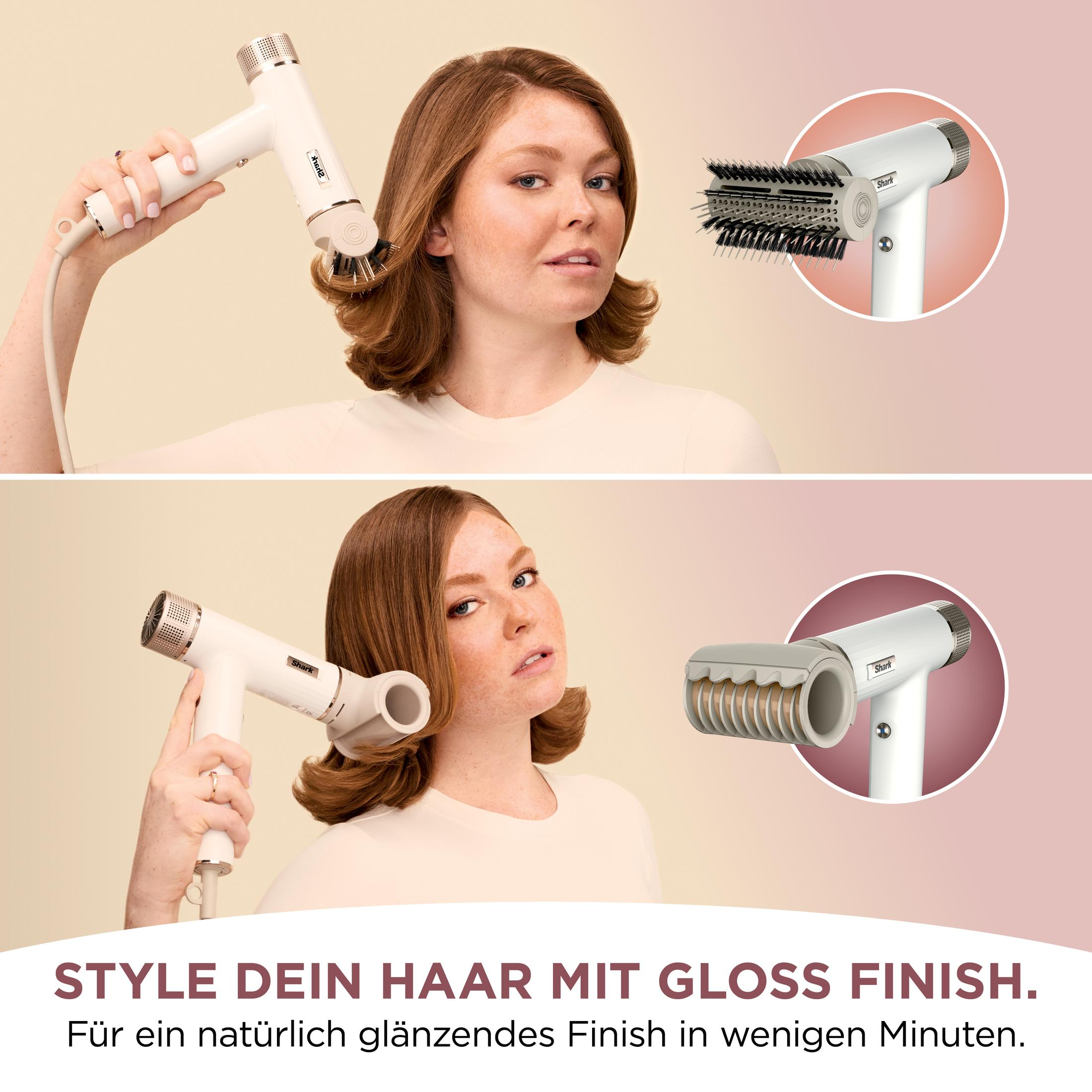 Donna che tiene un asciugacapelli bianco con diversi accessori. Il testo dice: Stila i tuoi capelli con finitura lucida.