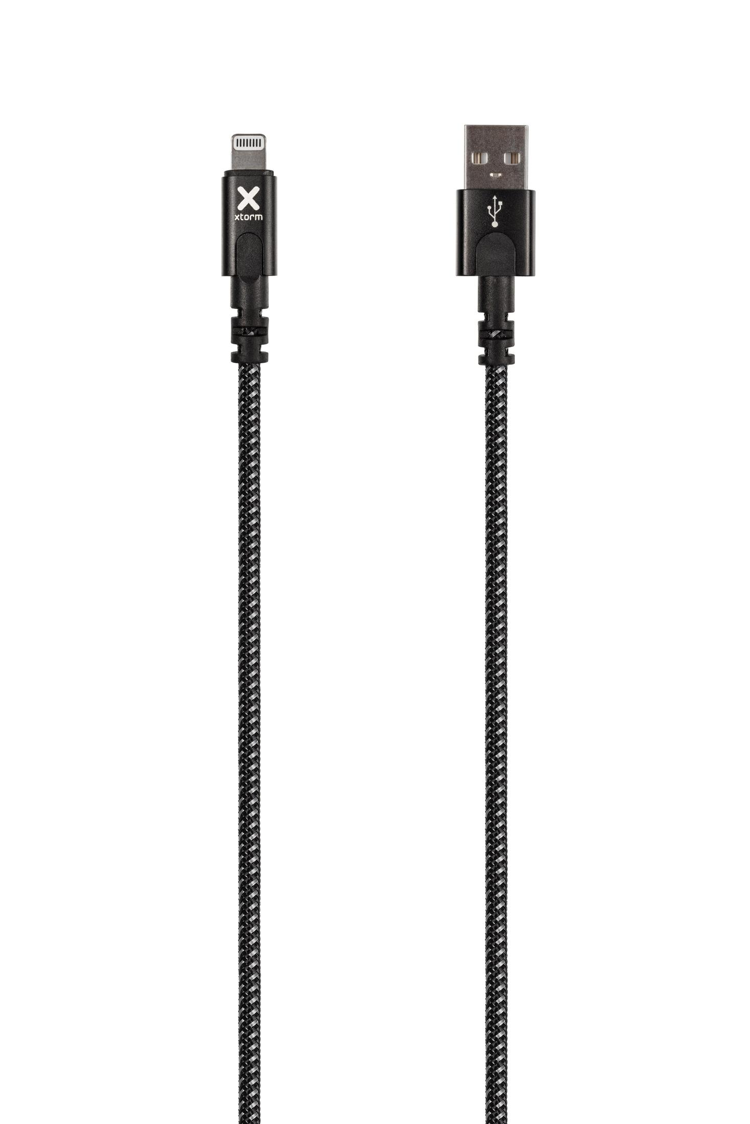 Cavo di ricarica nero con connettore Lightning e USB, sfondo bianco.