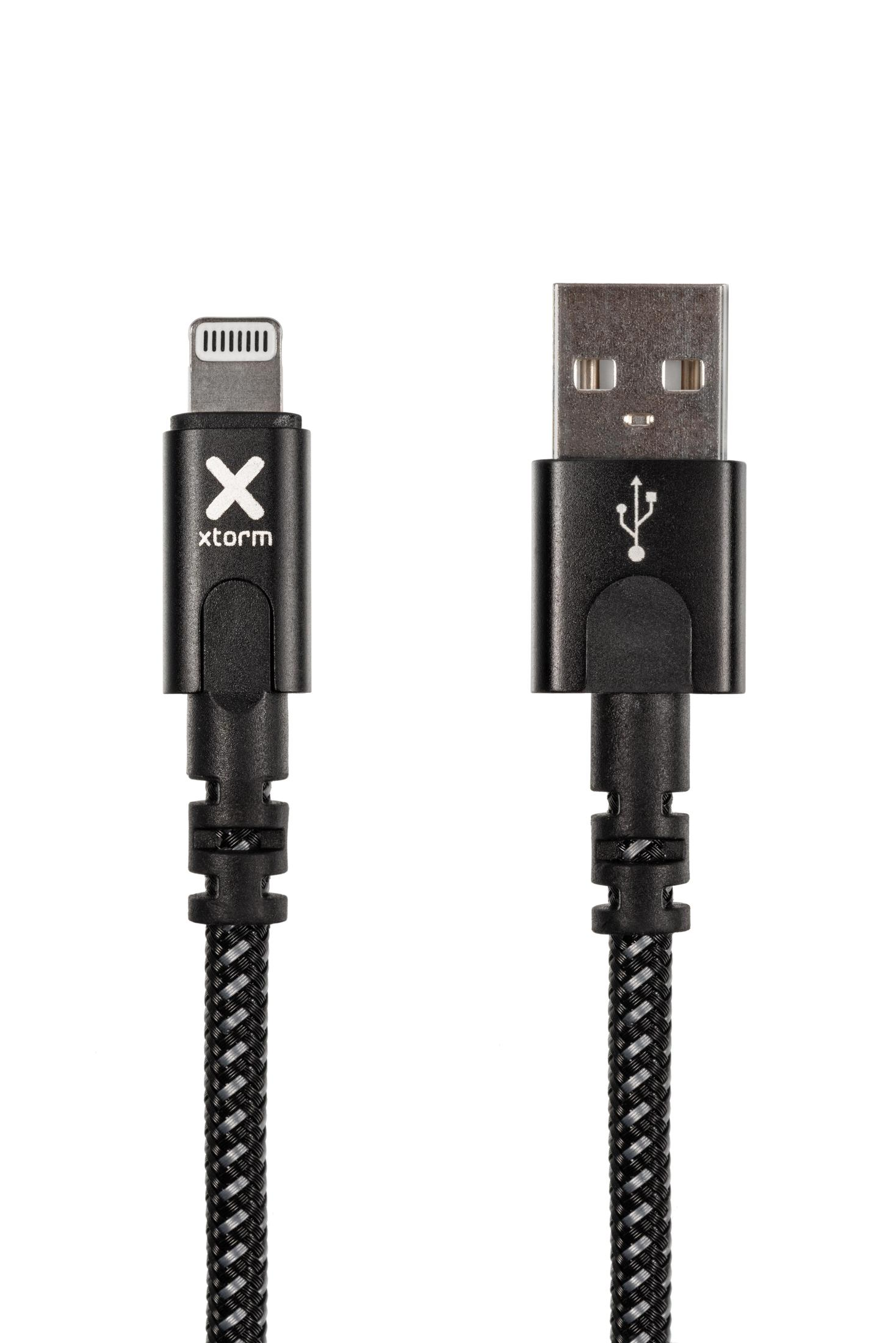 Cavo da Lightning a USB, a strisce bianche e nere, con connettori su entrambe le estremità.