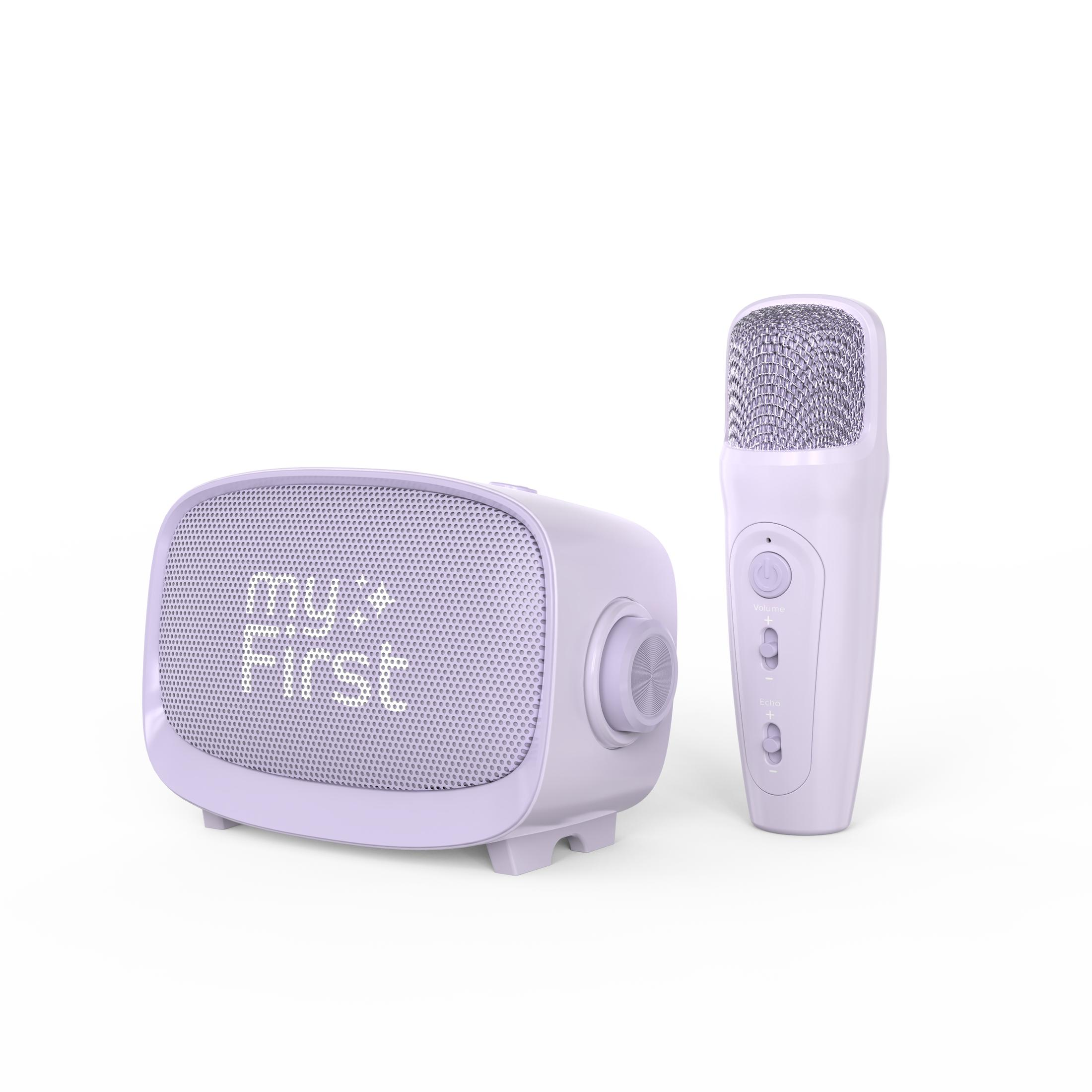 Un haut-parleur violet avec un microphone, sur un fond blanc.